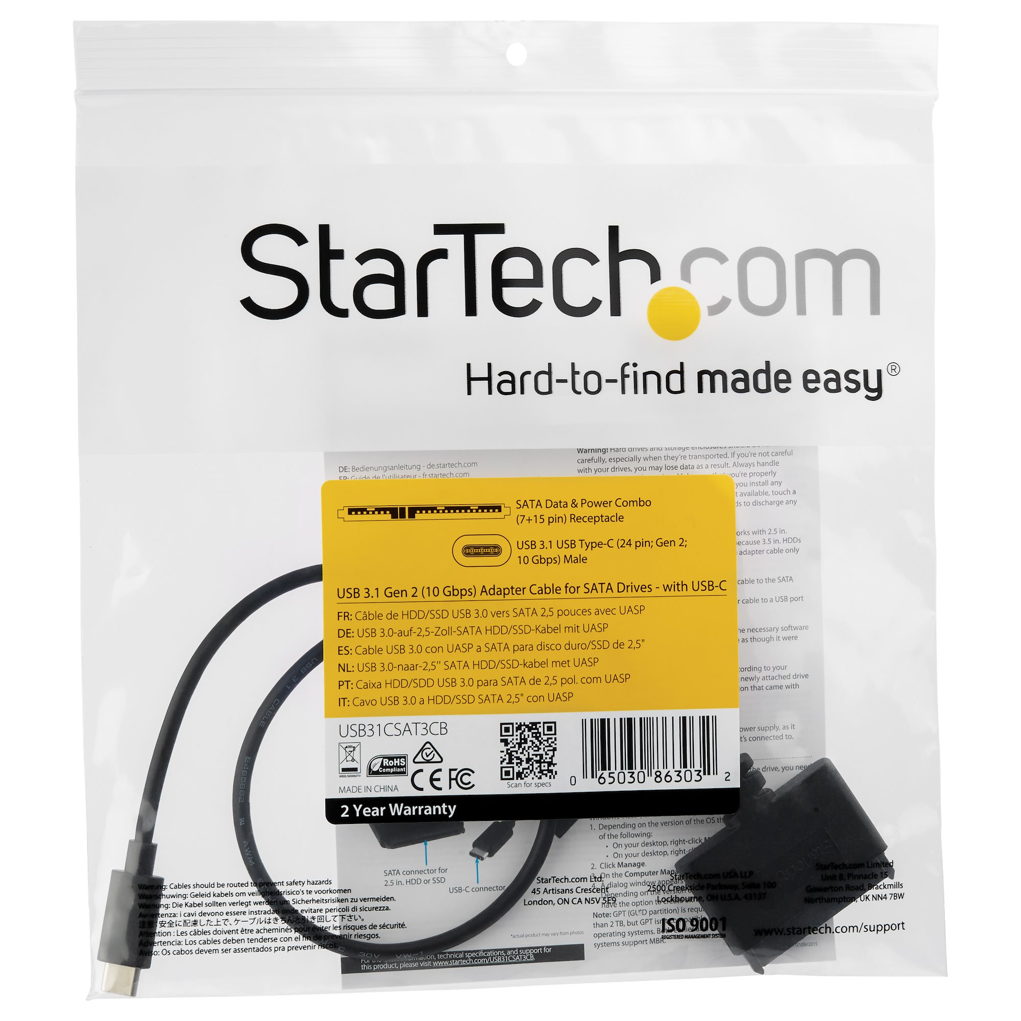 STARTECH.COM USB 3.1 Gen 2 to 2.5in SATA Adapter with Integrated Cable Typ