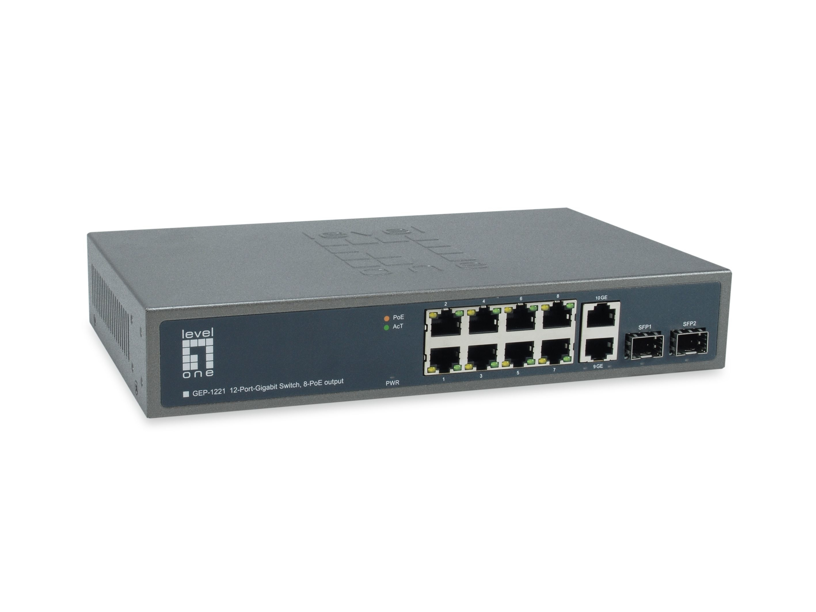LevelOne PoE+Switch 8xGE PoE/2xGE/2xSFP 150W 19unman.Metall