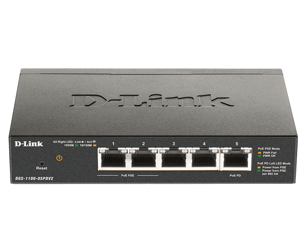 D-LINK DGS-1100-05PDV2 5-Port Gigabit PoE-powered PoE Smart Switch 5x 10/100/1000Mbit/s 1x PD Port 2x 802.3af Port (ohne Netzteil)