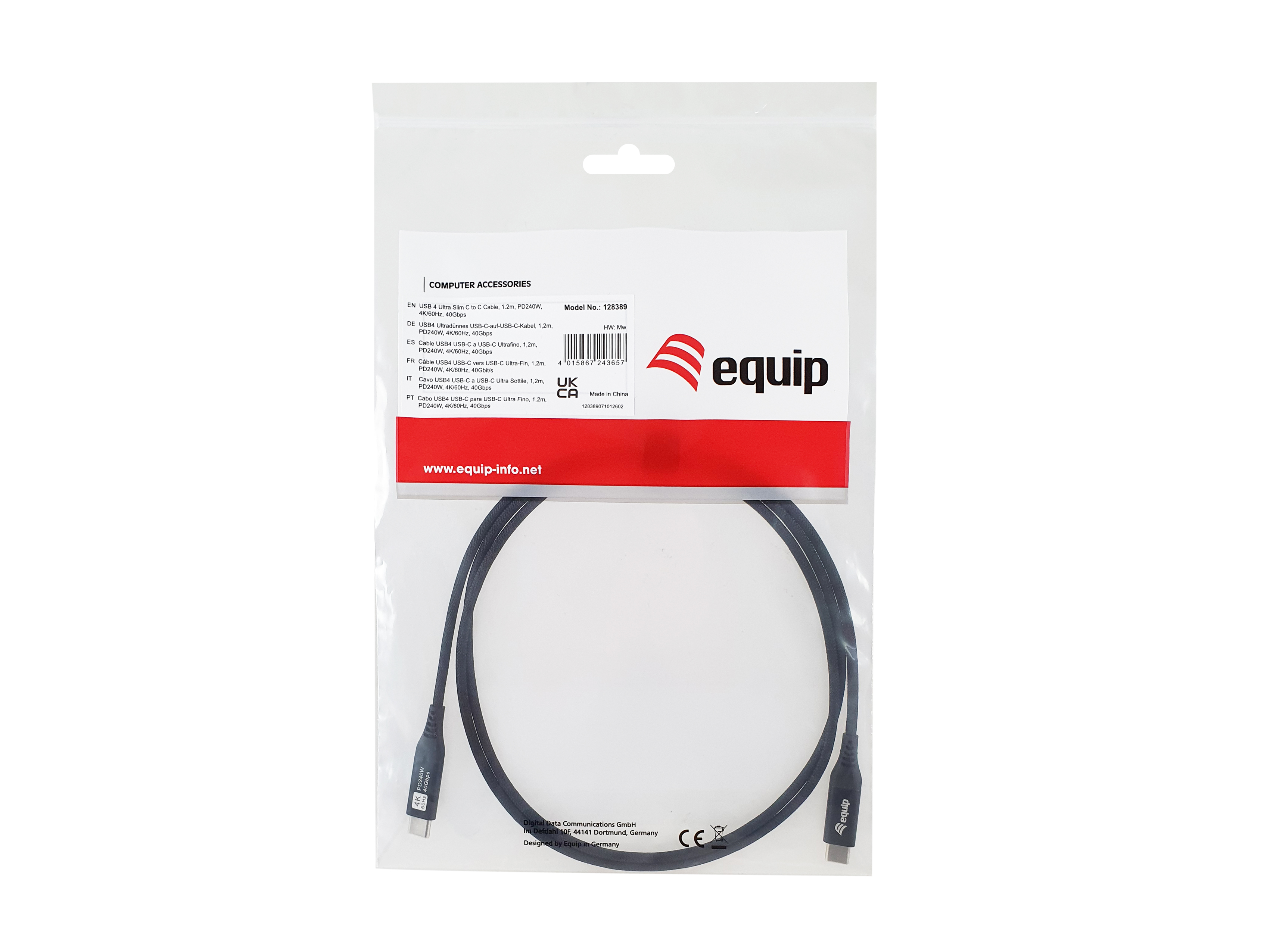 Equip Kabel USB-C4.0->C Slim PD240W St/St 1.20m schwarz