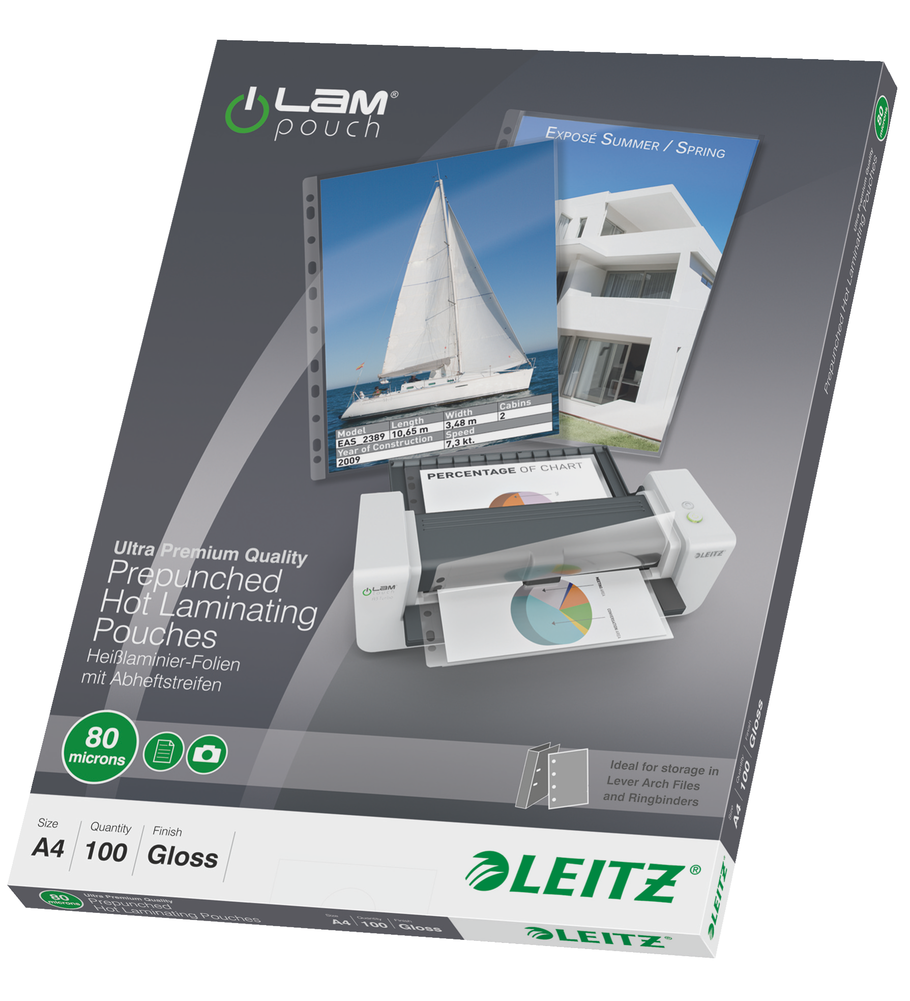 LEITZ Laminierfolien glänzend für A4 80 micron Universal-Lochung, 100 St.