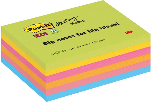 Post-it® Super Sticky Meeting Notes Haftnotizen extrastark farbsortiert, 6 Blöcke