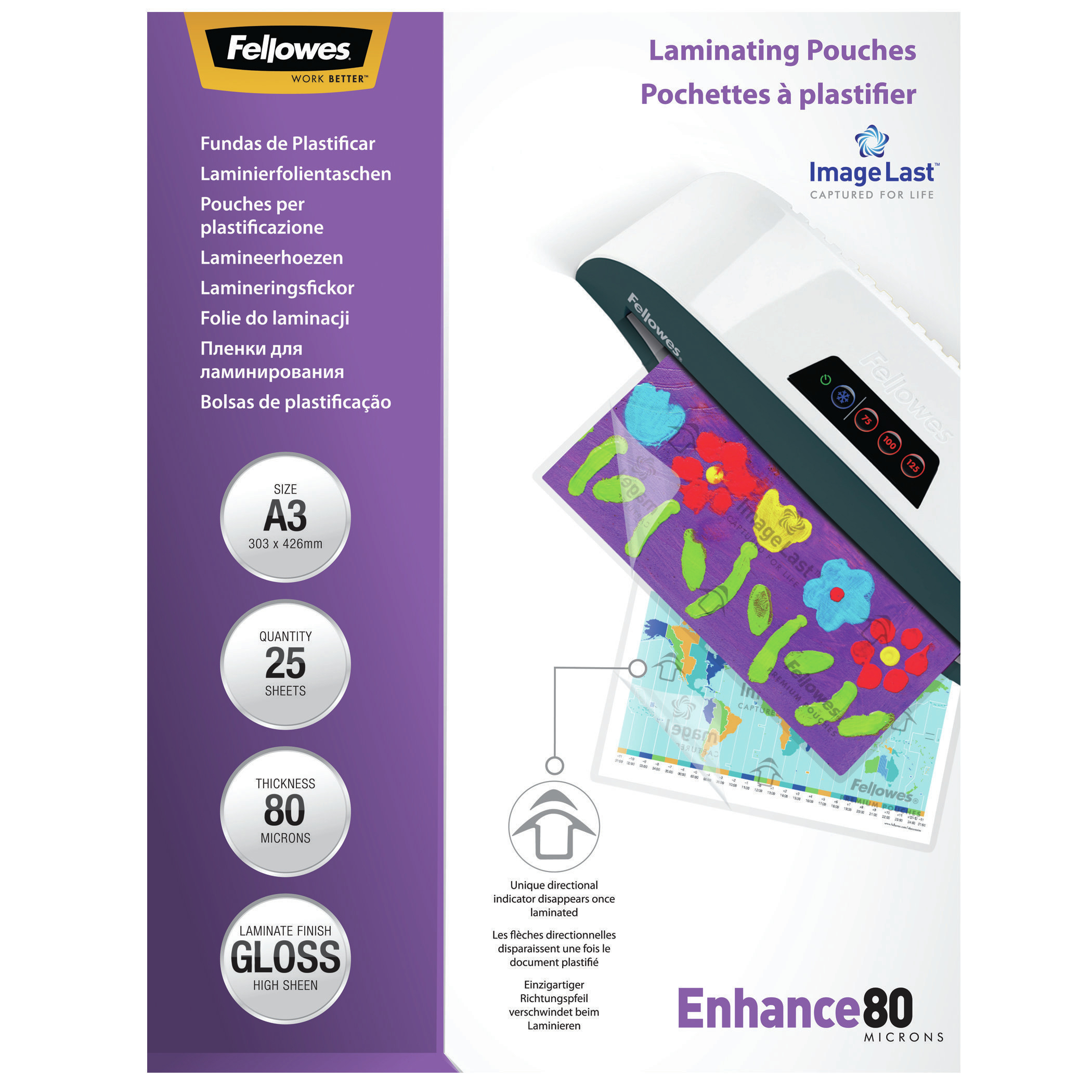 Fellowes Laminierfolien Enhance80 ImageLast glänzend für A3 80 micron, 25 St.