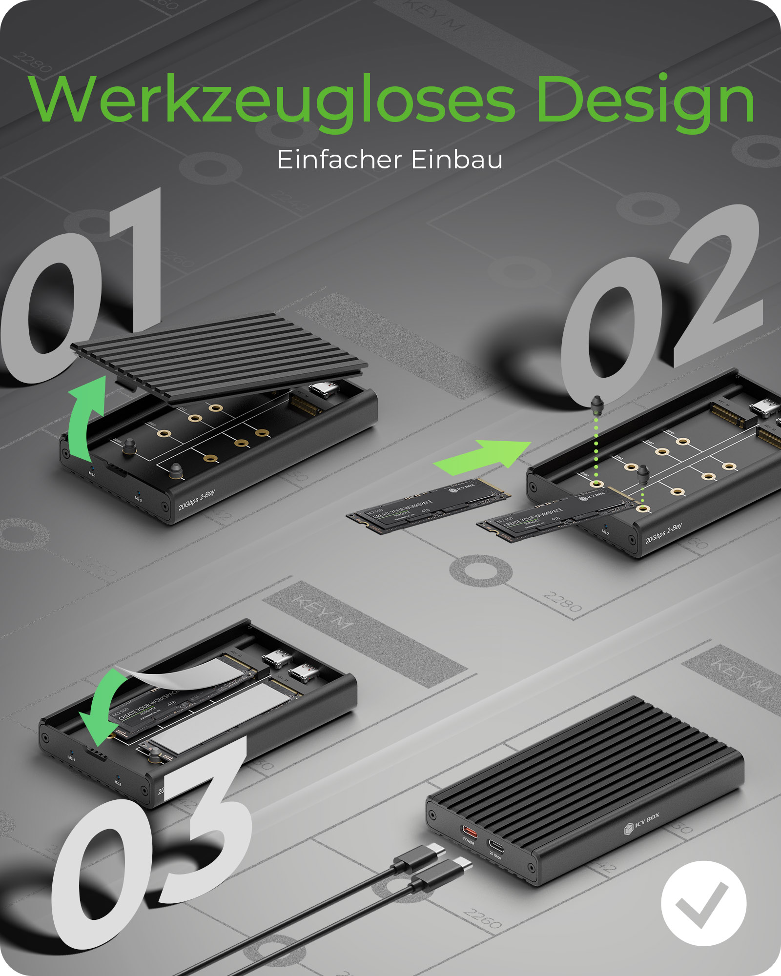 Geh. IcyBox USB 3.2 Gen2x2 Type-C 2-fach M.2 PCle NVMe