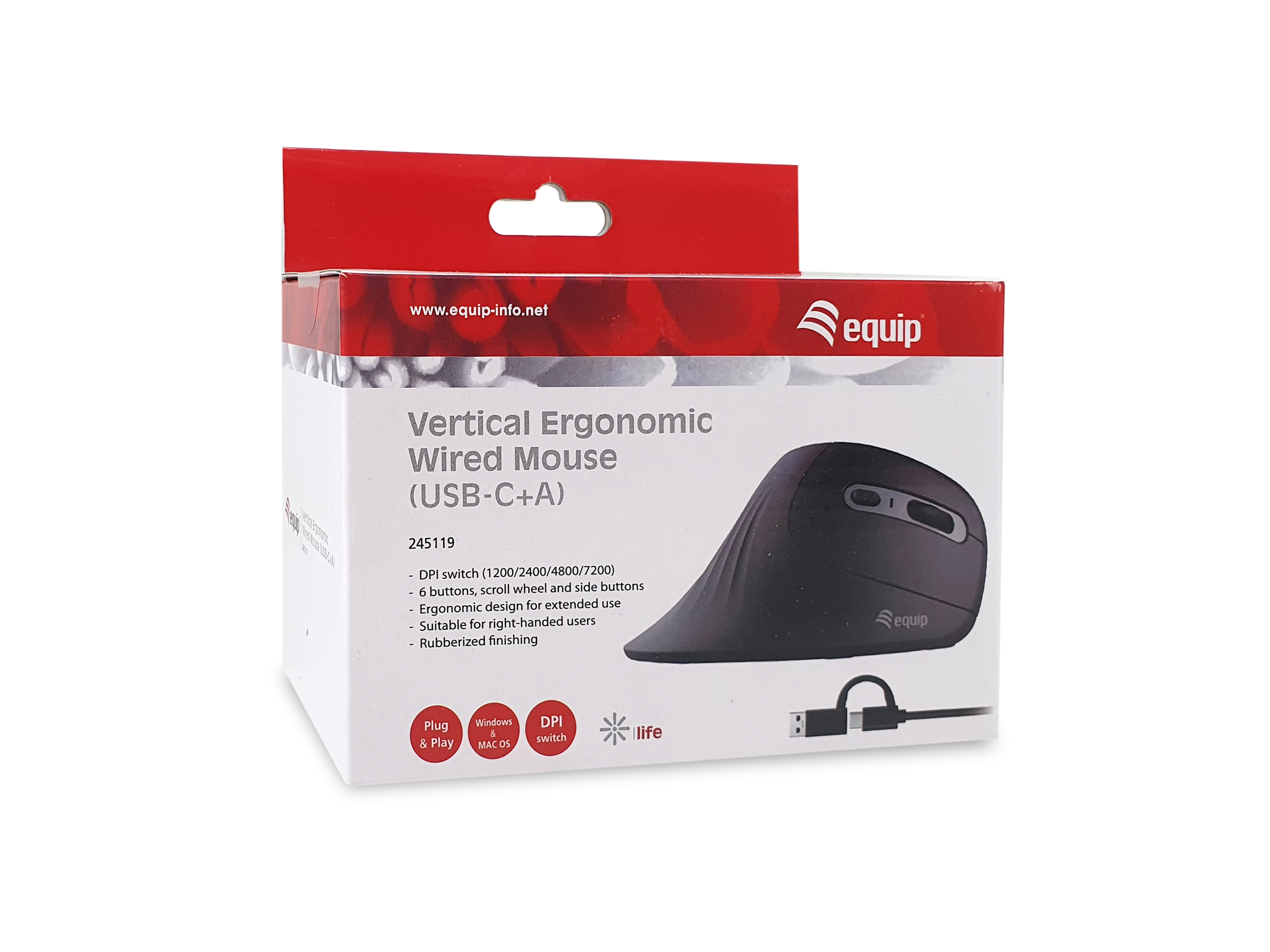 Equip Ergonomische Maus USB-A/-C Stker 1.80m Rechts schwarz