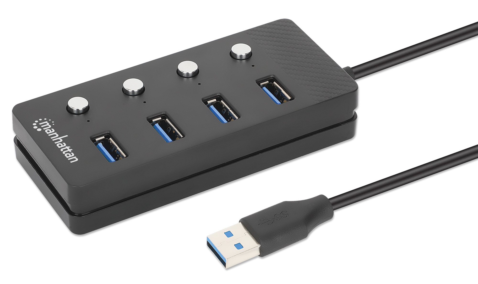 MANHATTAN 4-Port USB 3.0 Hub USB-A-Stecker auf 4x USB-A-Buchsen 5 Gbit/s 1,5 m Kabel Schalter für jeden Port Strom über USB/Netzteil