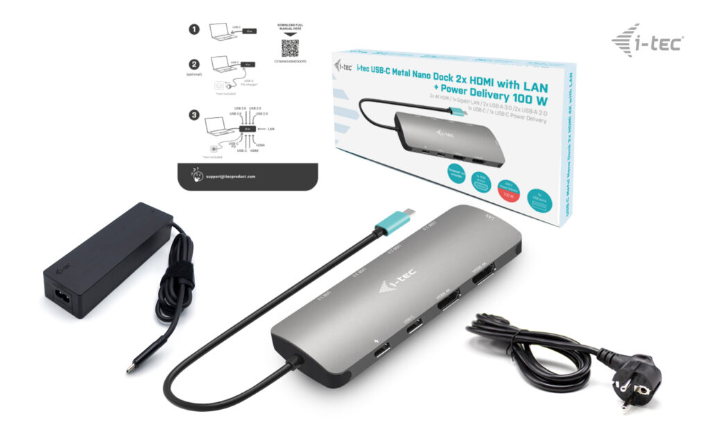 I-TEC USB-C Metal Nano Dock 2x HDMI 1x GLAN 2x USB 3.2 2x USB 2.0 1x USB-C 3.2 Gen.1 Data 1x USB-C 100W PD + Netzteil 100W