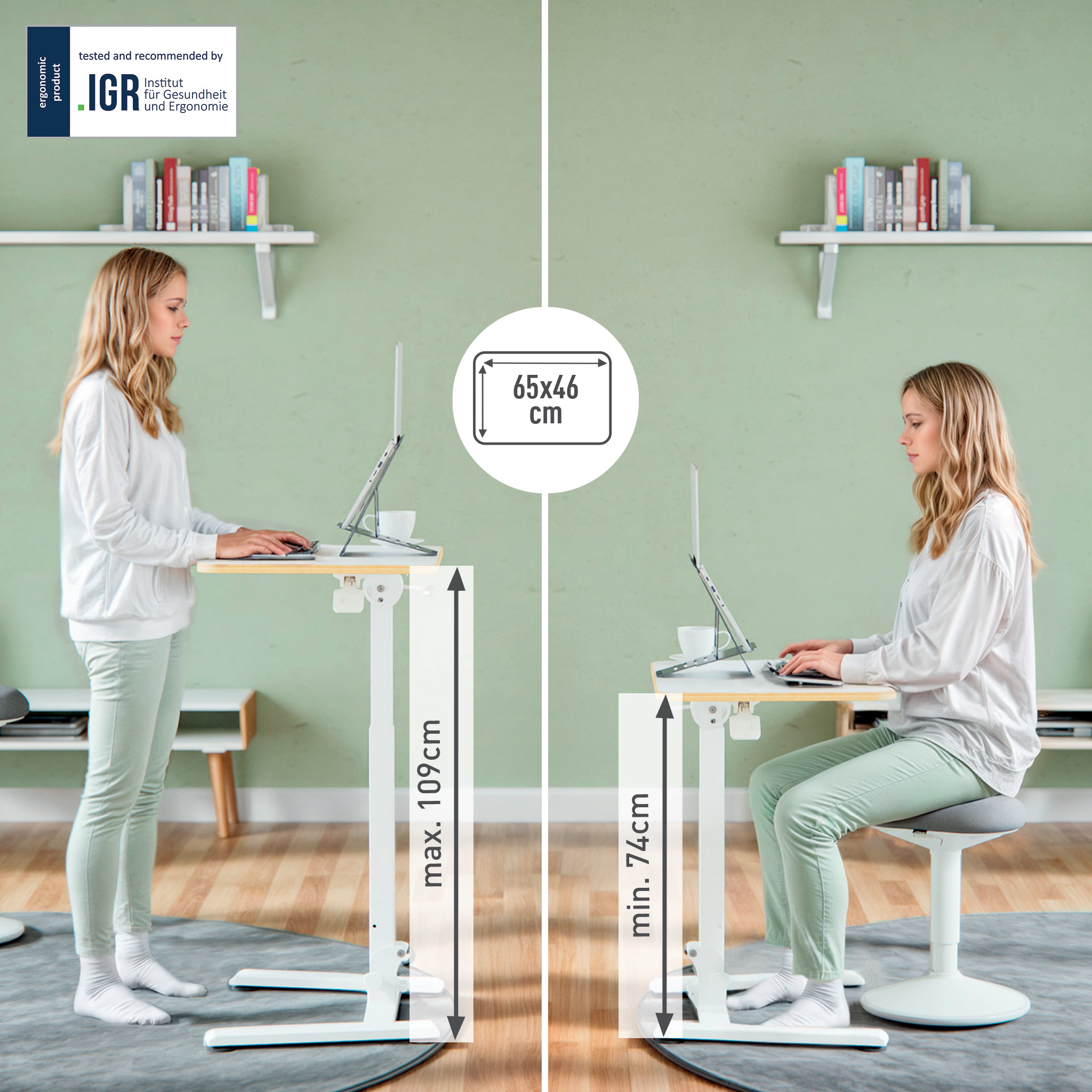LEITZ Ergo Compact höhenverstellbarer Schreibtisch weiß rechteckig, A-Fuß-Gestell weiß 65,0 x 46,0 cm