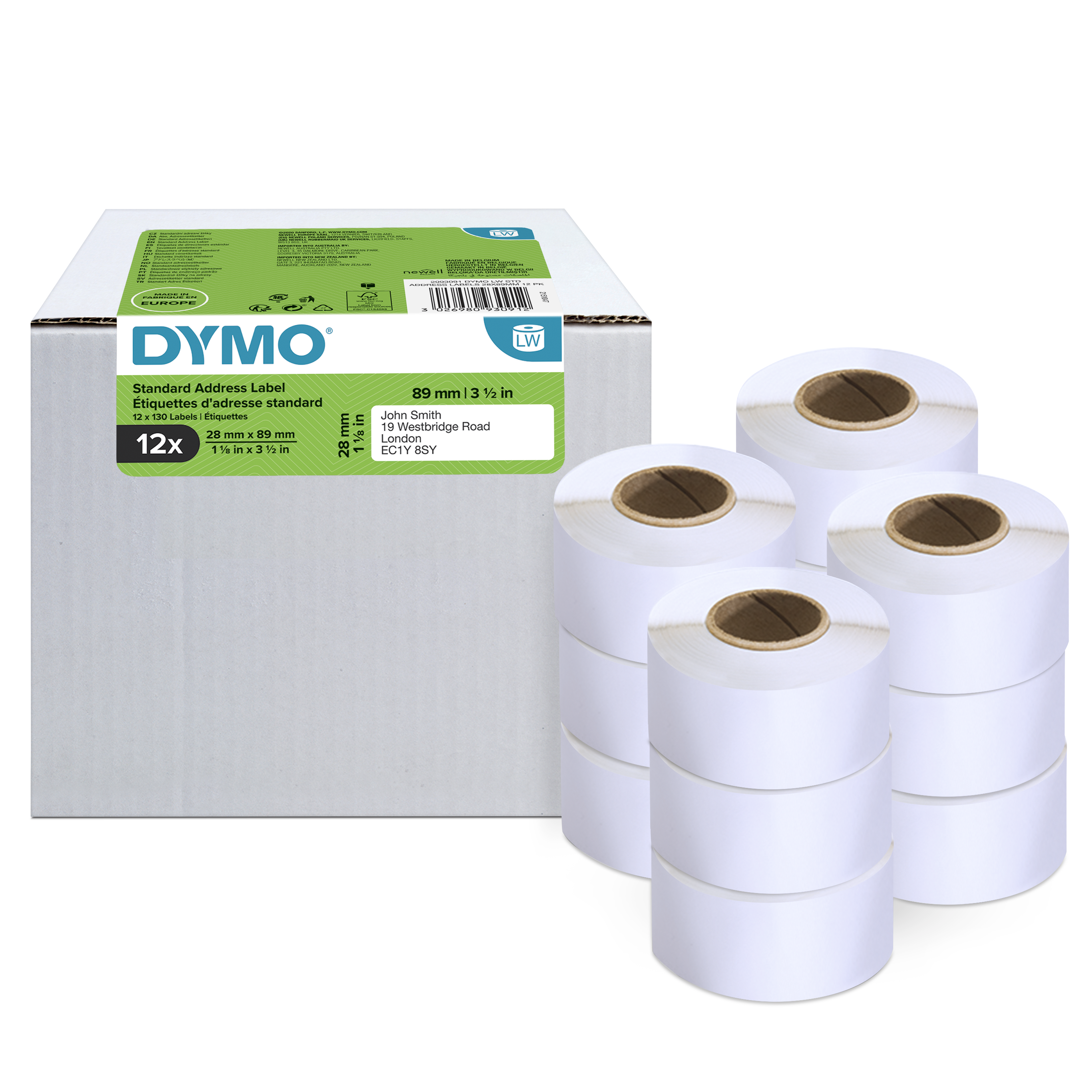 DYMO Etikettenrollen für Etikettendrucker S0722370 weiß, 28,0 x 89,0 mm, 12 x 130 Etiketten
