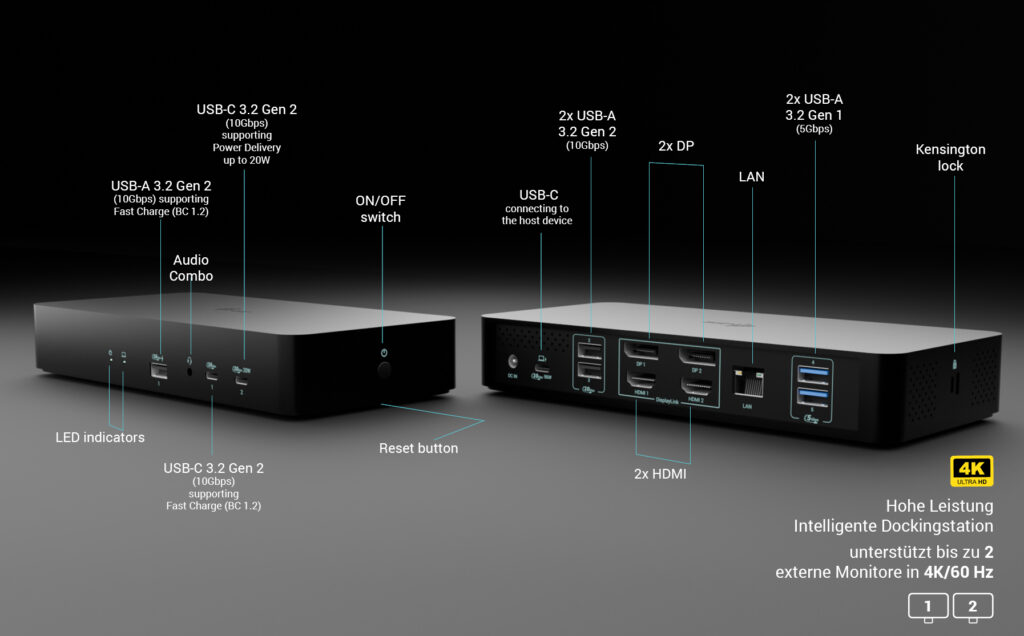 I-TEC Universal Intelligent Dual Display DS 2xHDMI 2xDP 1xGLAN 2xUSB-C Gen2 3xUSB-A Gen2 2xUSB-A Gen1 1xAudio/Mic PD100W KL
