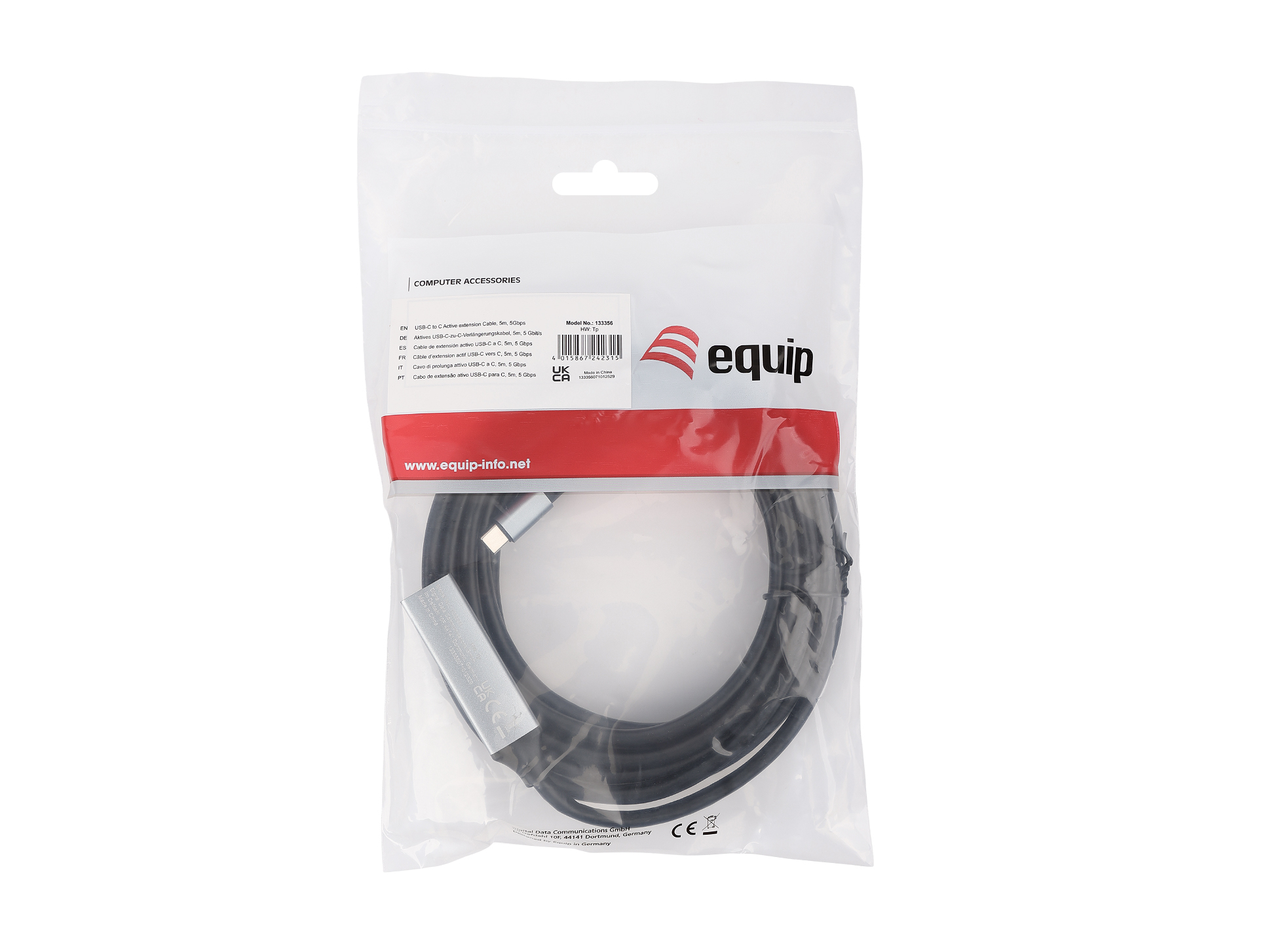 Equip Kabel USB-C3.2->C Gen1 Akt.Erweit.St/Bu 5.00m schwarz