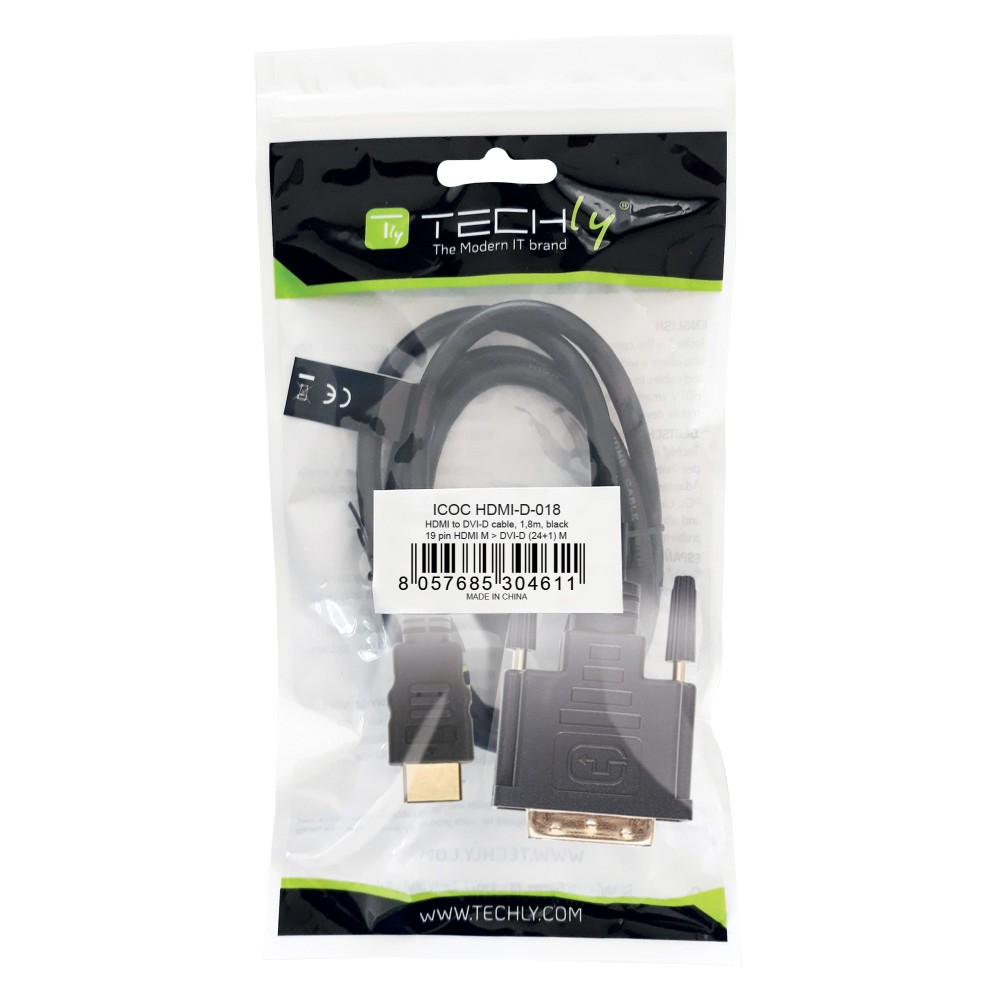 TECHLY Anschlusskabel HDMI zu DVI-D schwarz Stecker 19pol. auf DVI-D Stecker 24+1 mit Goldkontakten geschirmt 1,8m