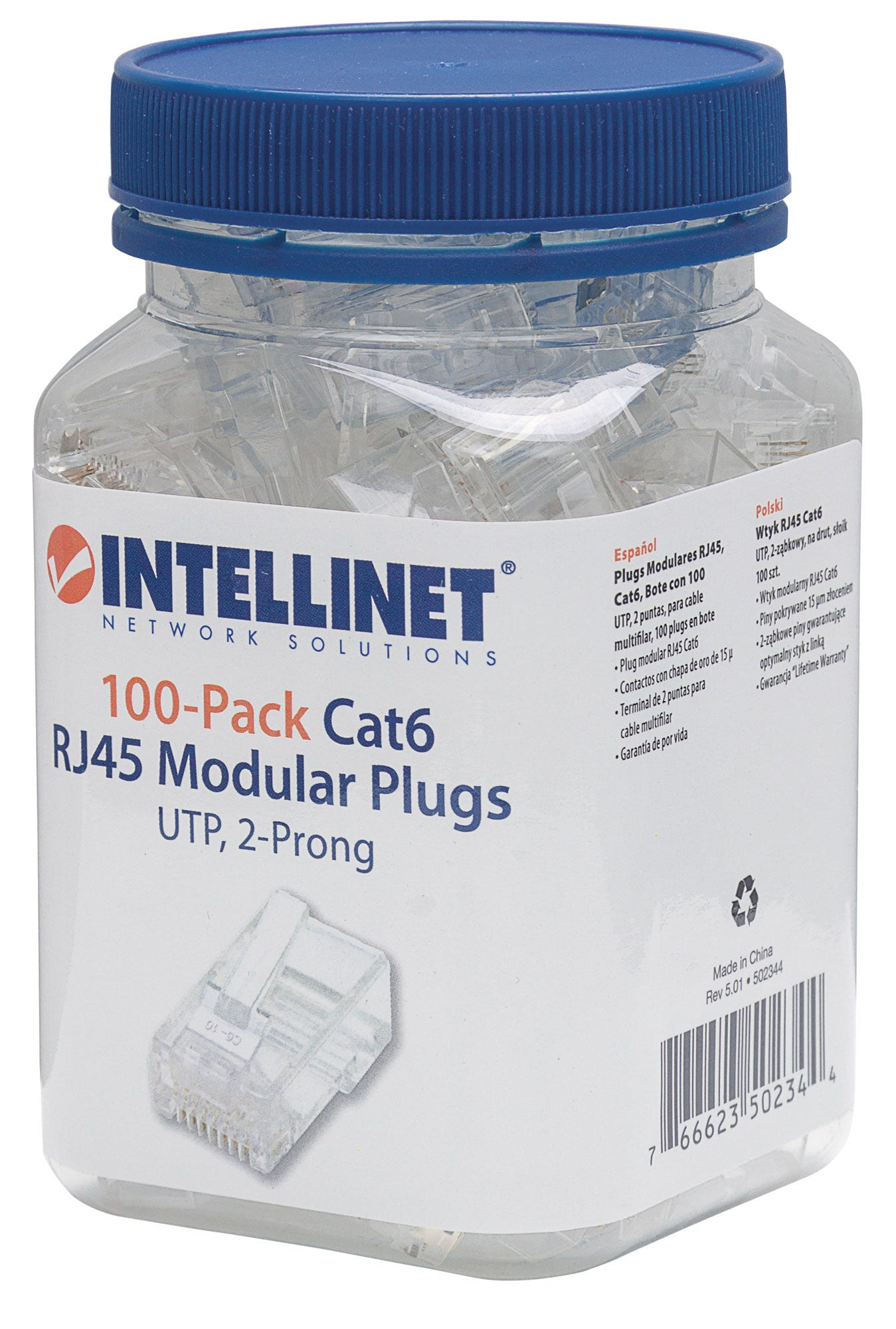 INTELLINET Cat6 RJ45 Modularstecker UTP 2-Punkt-Aderkontaktierung fuer Litzendraht 100 Stecker pro Becher Standard 8P8C Design