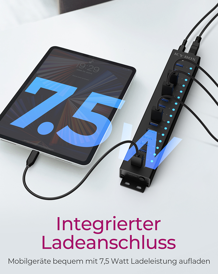 Hub 16+1 Port USB IcyBox 16x USB; 1x USB Laden USB3.2 Gen1 retail
