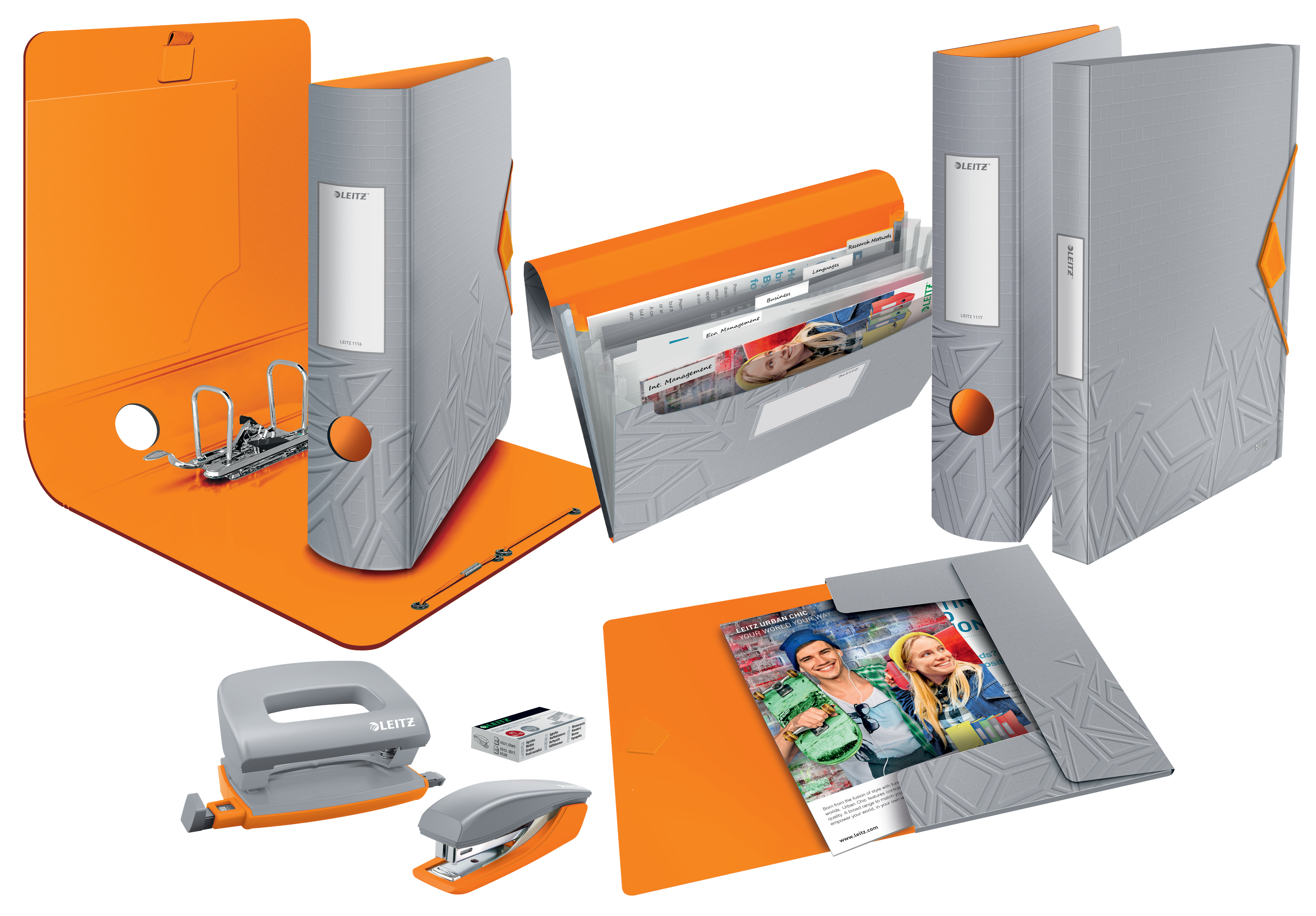LEITZ Locher und Heftgeräte Set Urban Chic grau/orange