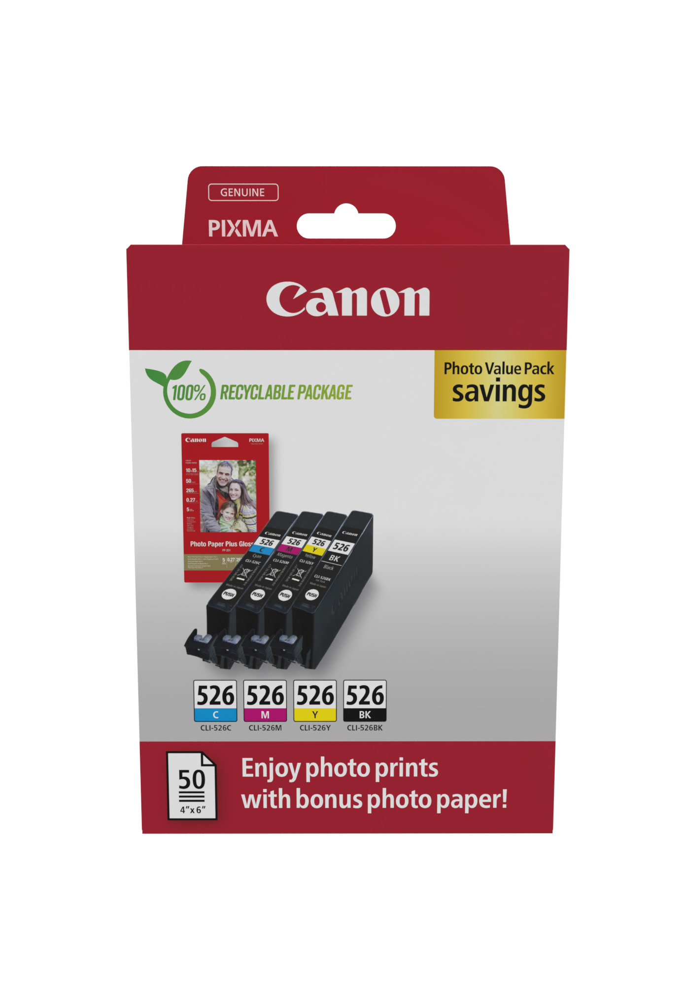 Canon CLI-526 C/M/Y/BK schwarz, cyan, magenta, gelb Druckerpatronen + Fotopapier