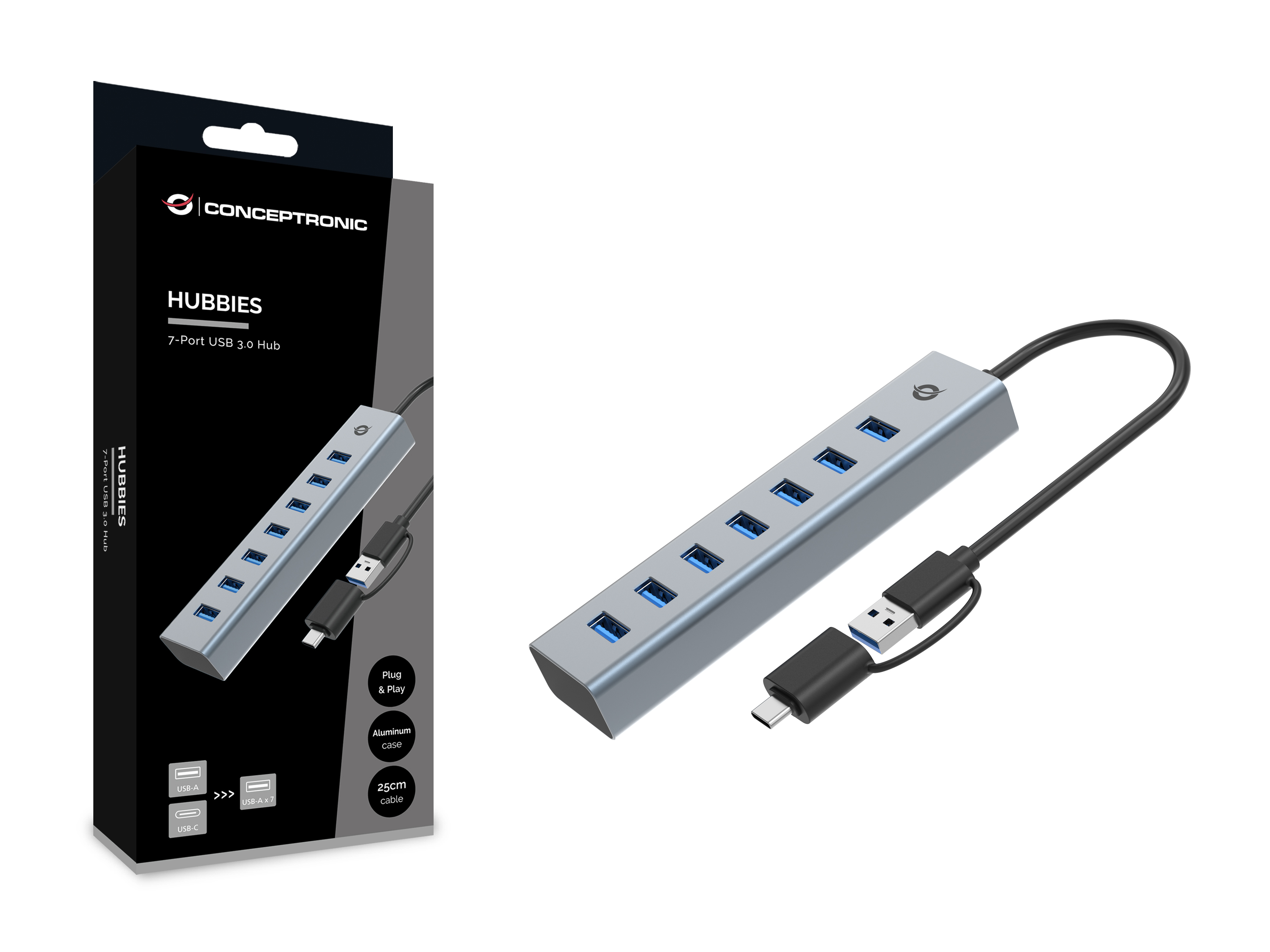 CONCEPTRONIC 7-Port Hub USB-A3.0/-C Adap.->7xA3.0 o.Netz. gr