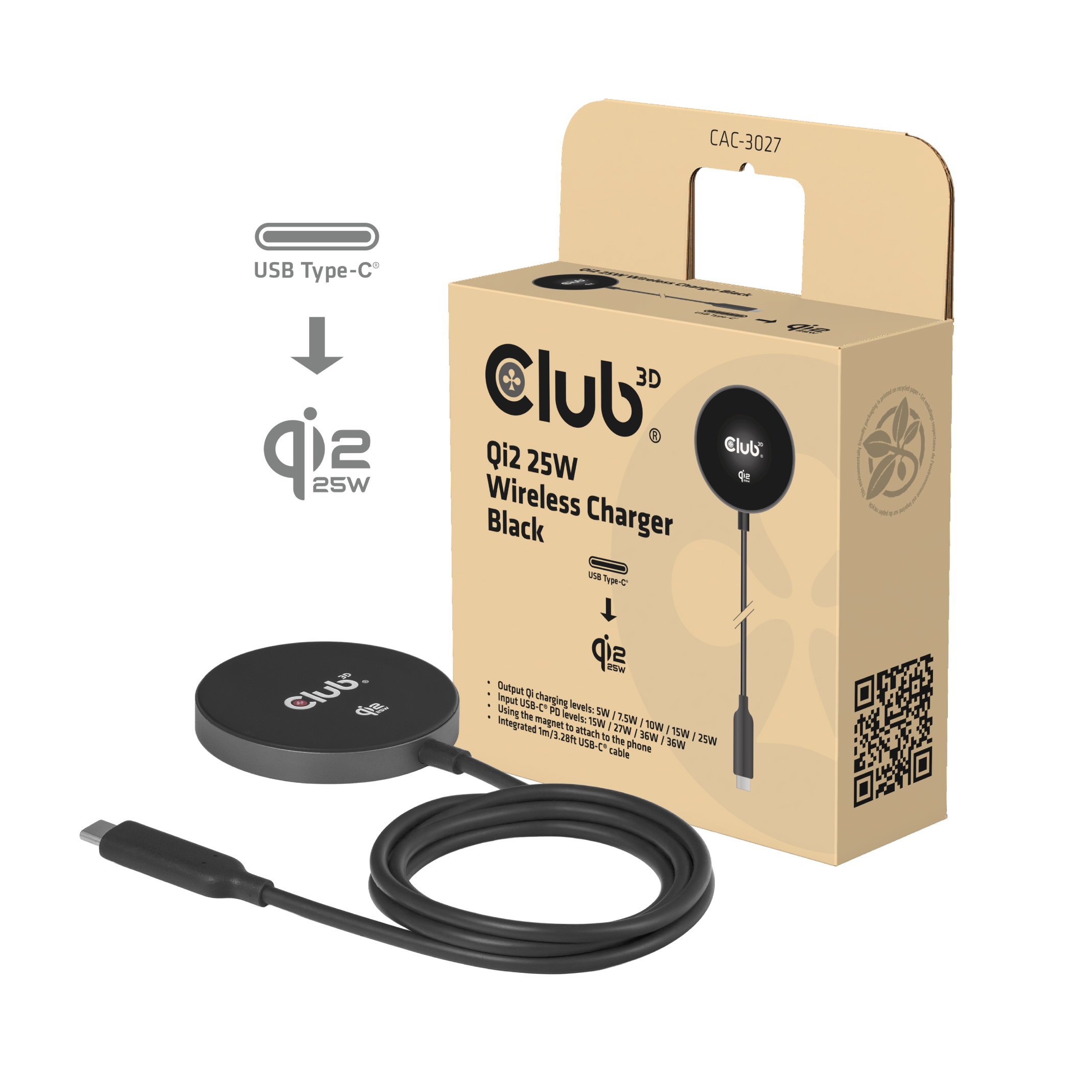 Club3D Ladegerät wireless Qi2 USB-C 25Watt, schwarz retail