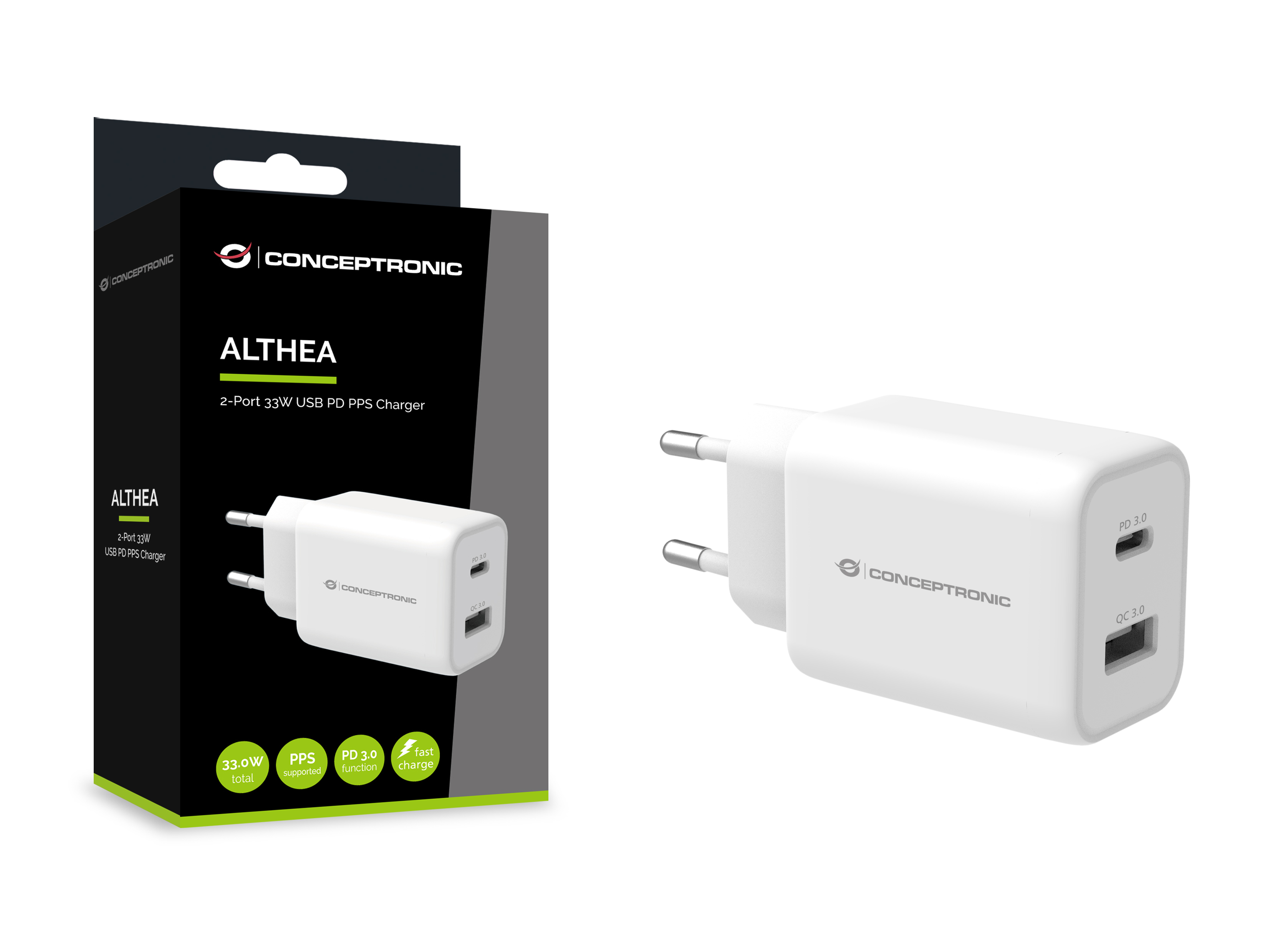 CONCEPTRONIC Ladegerät 2Port USB-C/-A 33WPD3.0/PPS ws
