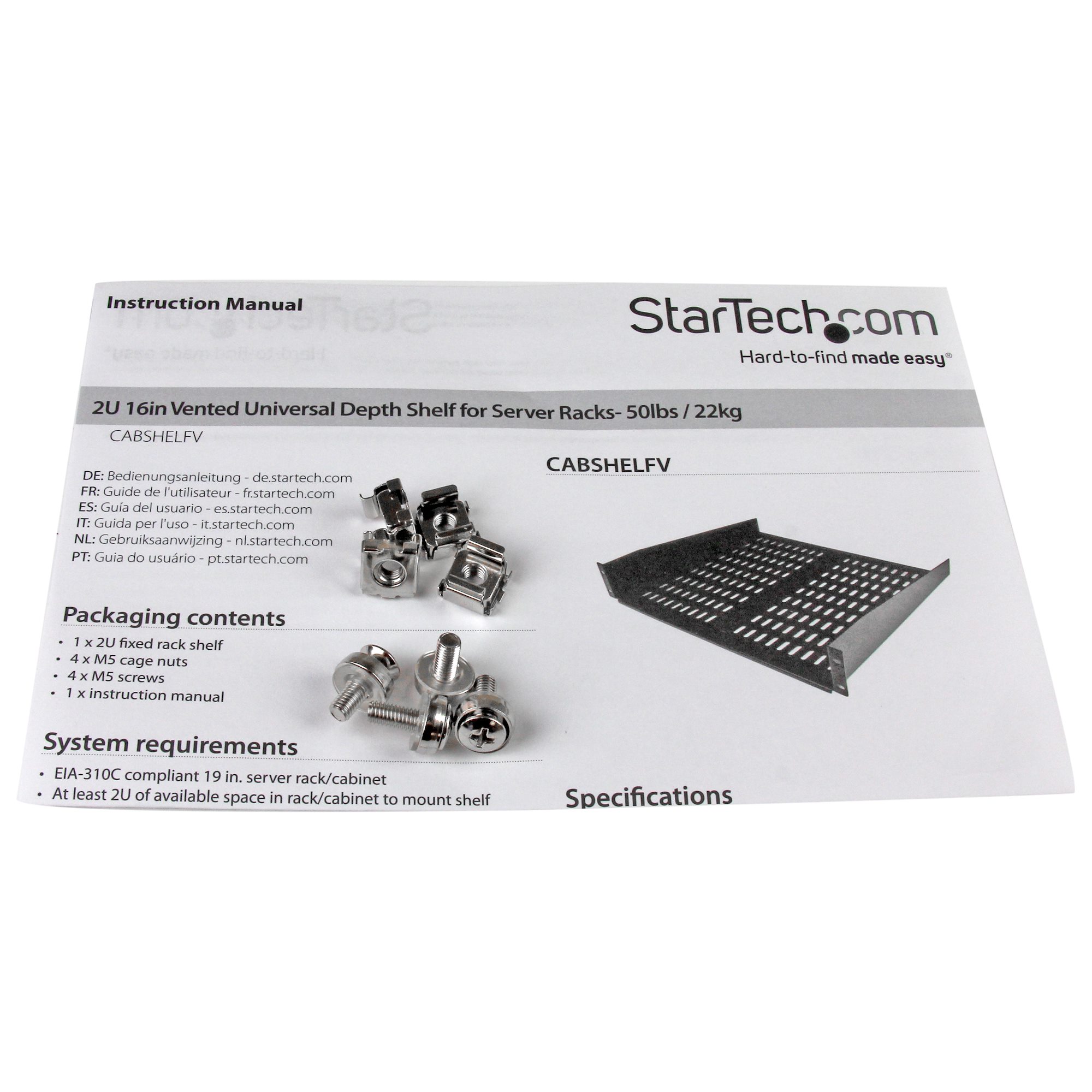 STARTECH.COM 2U 16in Universal Vented Rack Mount Cantilever Shelf - Fixed Server Rack Cabinet Shelf - 50lbs / 22kg