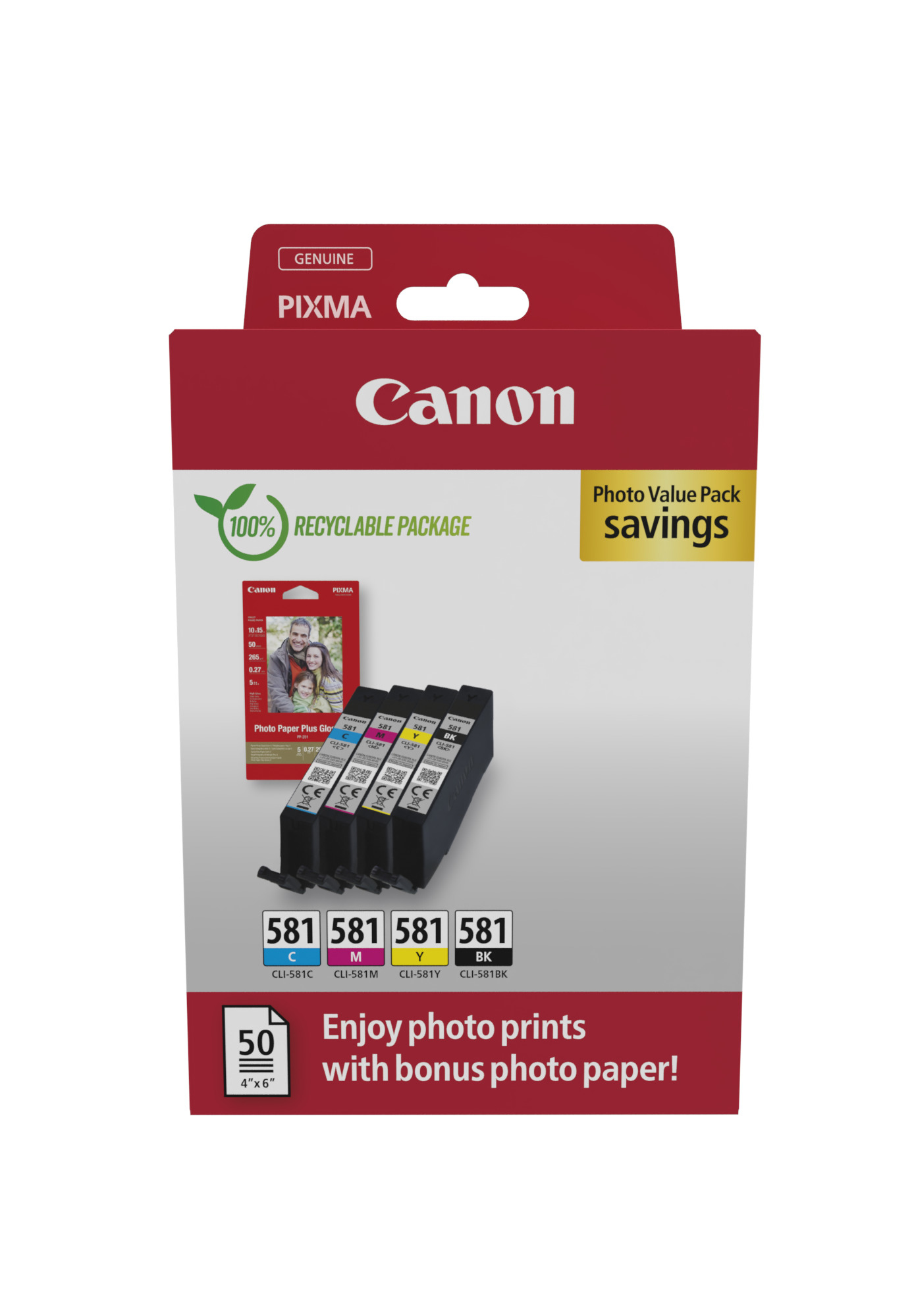 Canon CLI-581 BK/C/M/Y schwarz, cyan, magenta, gelb Druckerpatronen + Fotopapier, 4er-Set