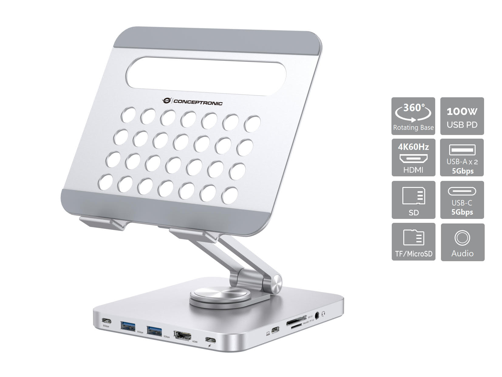 CONCEPTRONIC Tablet Halterung + 8-in-1 Docking silber