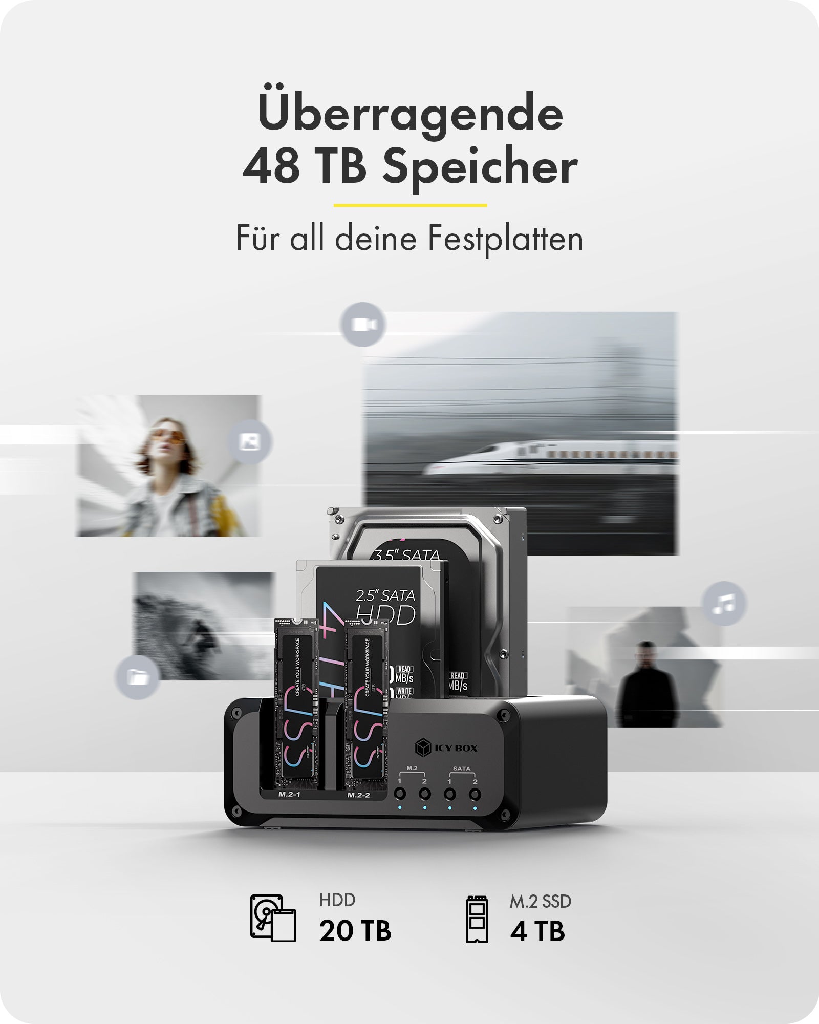 Geh. IcyBox 4-Bay für 2x M.2 NVMe und 2x 2,5/3,5 HDD/SSD