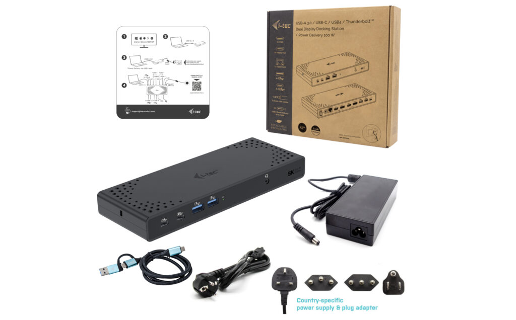 I-TEC USB 3.0/USB-C/Thunderbolt 3 Dualdock 1x5K 2x4K 60Hz 2xDP 2xHDMI 1xGLAN 4xUSB 3.2 2xUSB-C 3.2 Gen.2 1xAudio/Mic Jack PD 100W KL