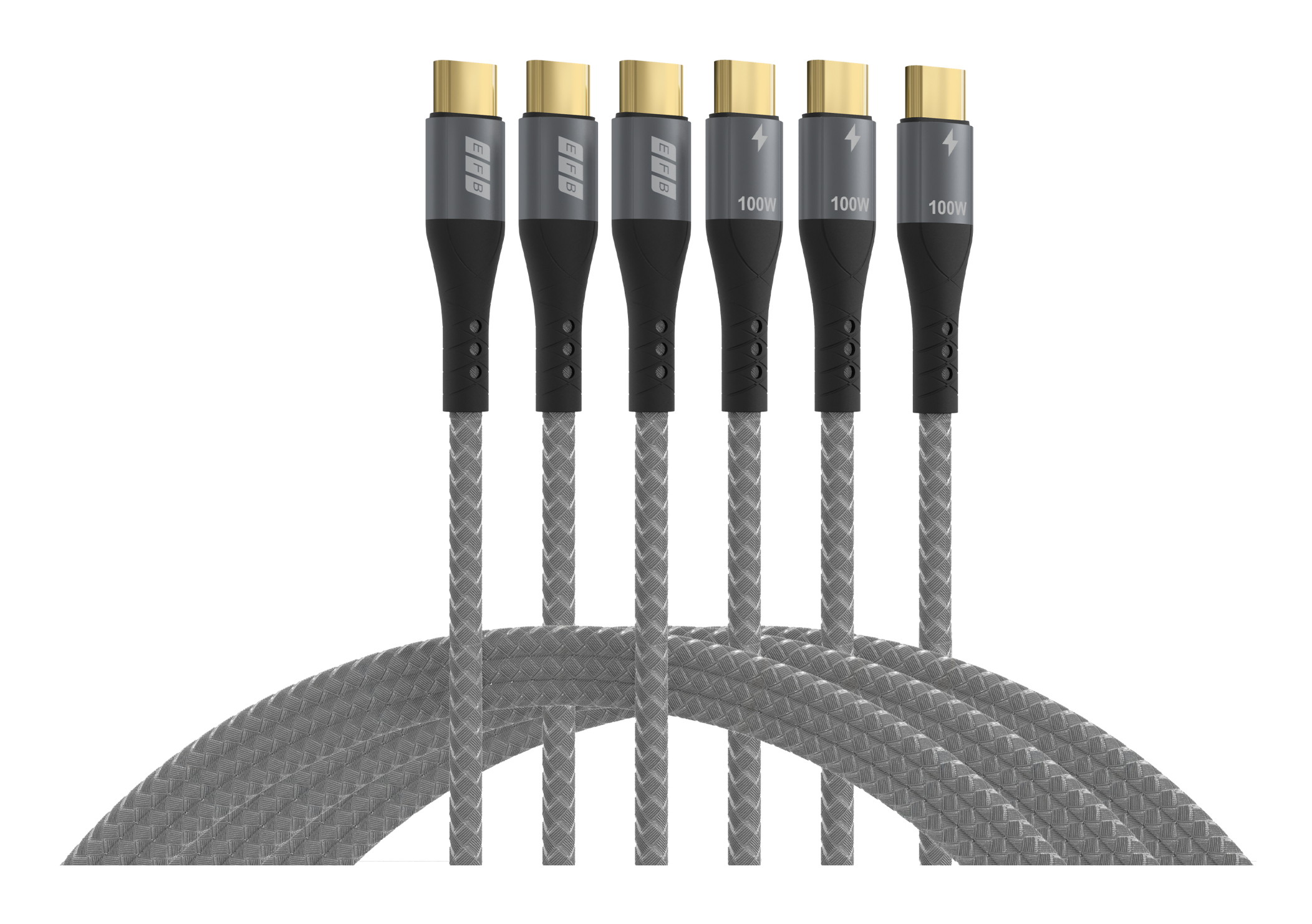 EFB USB-C Kabelset 100W PD 3.0 5A 0,5m+1m+2m grau Goldkontakte Textilmantel