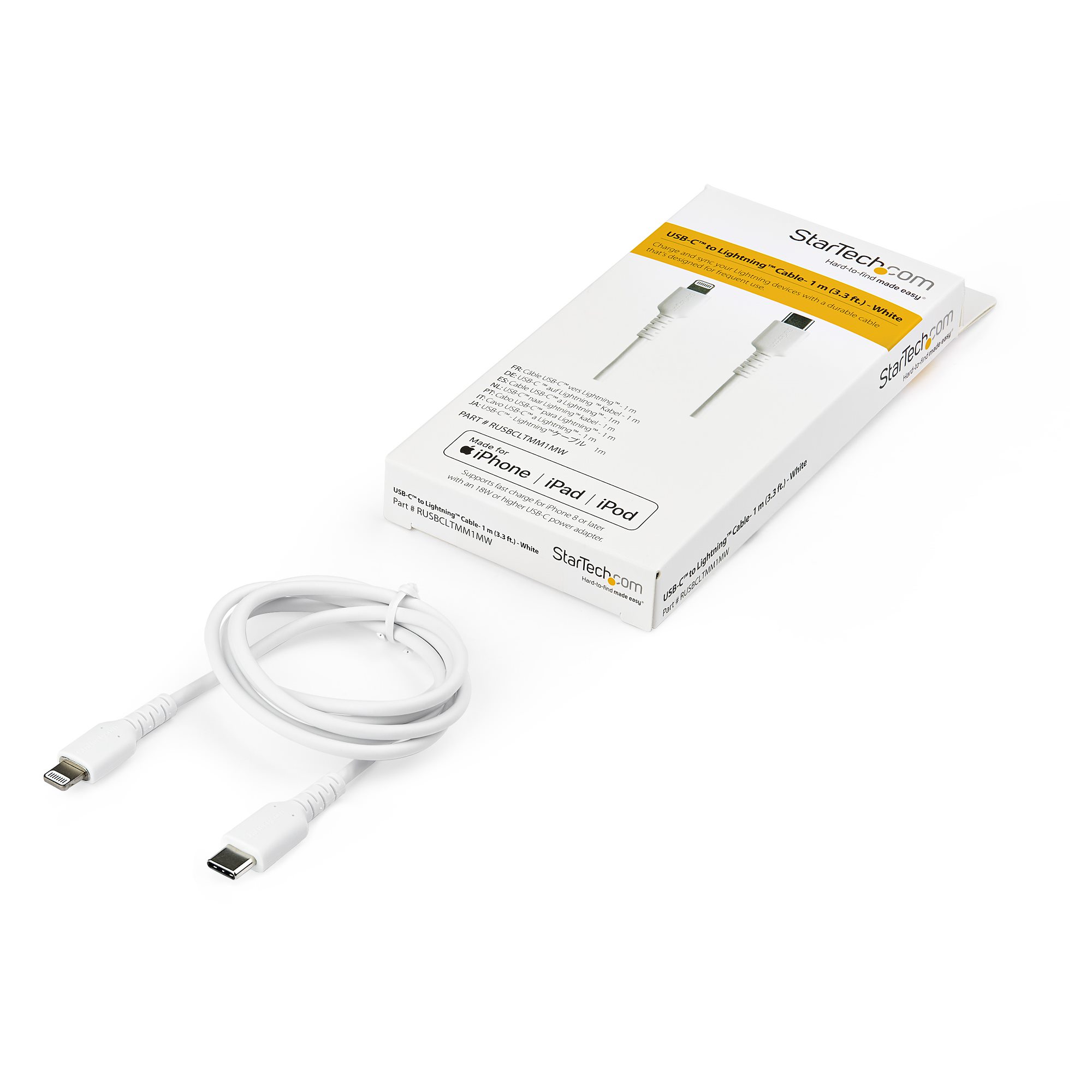 STARTECH.COM 1m 3.3ft USB C to Lightning Cable - MFi Certified - Durable USB Lightning Charging Cable - White RUSBCLTMM1MW