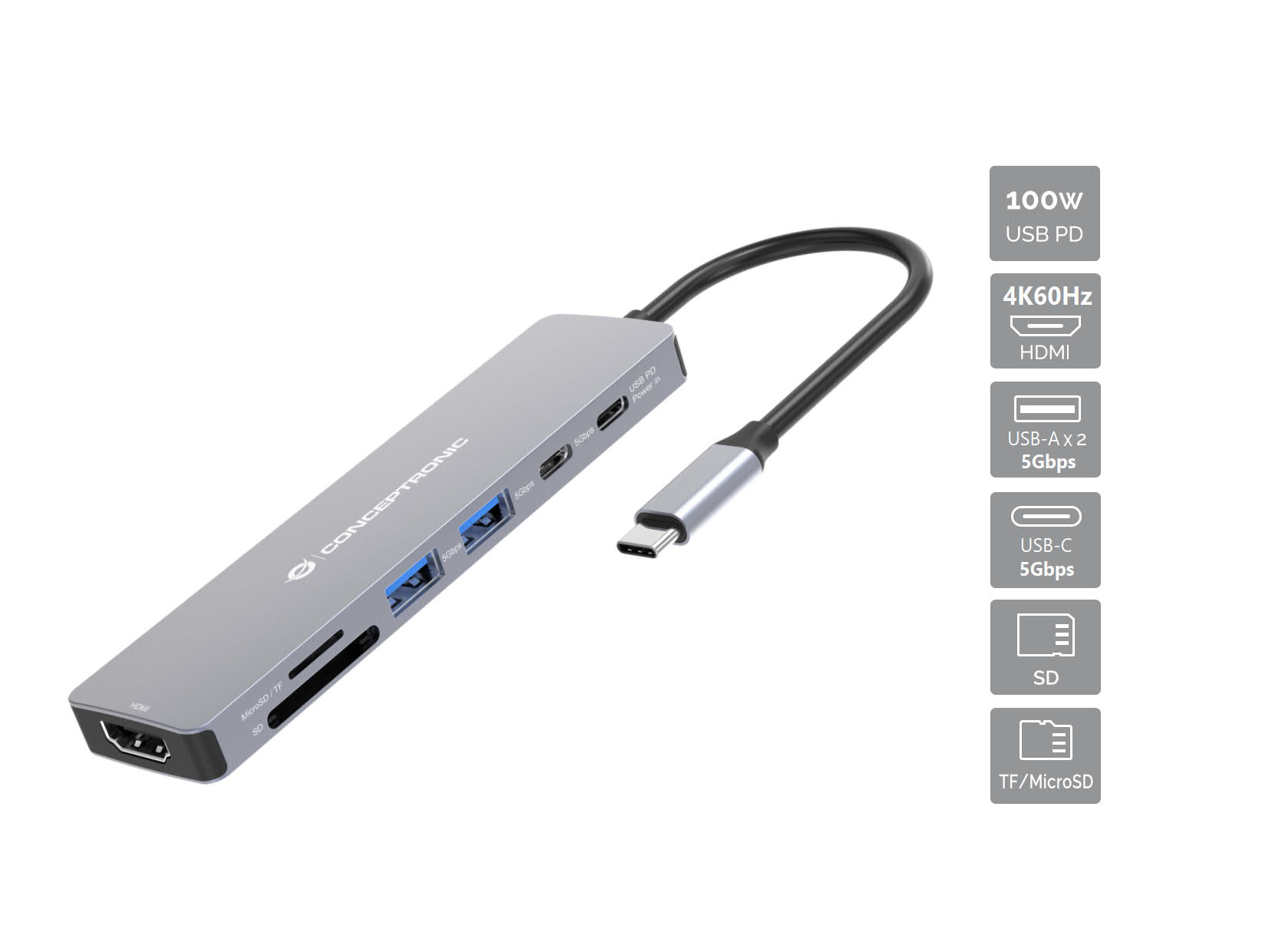 CONCEPTRONIC 7-1 Dock USB-C->HDMI/USB-C/2xUSB-A/+ 25cm gr