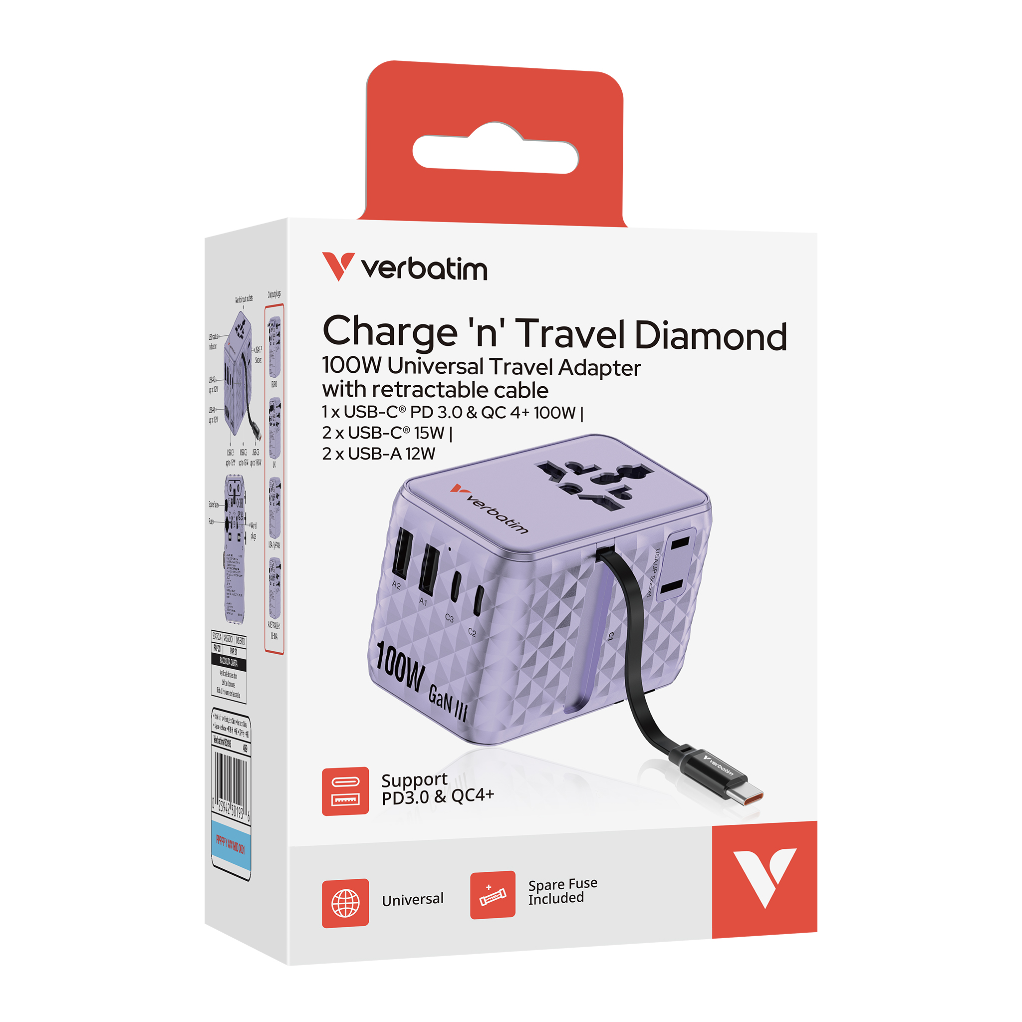 Verbatim Charge'n'Travel Adapter 100W 1C retractable purple