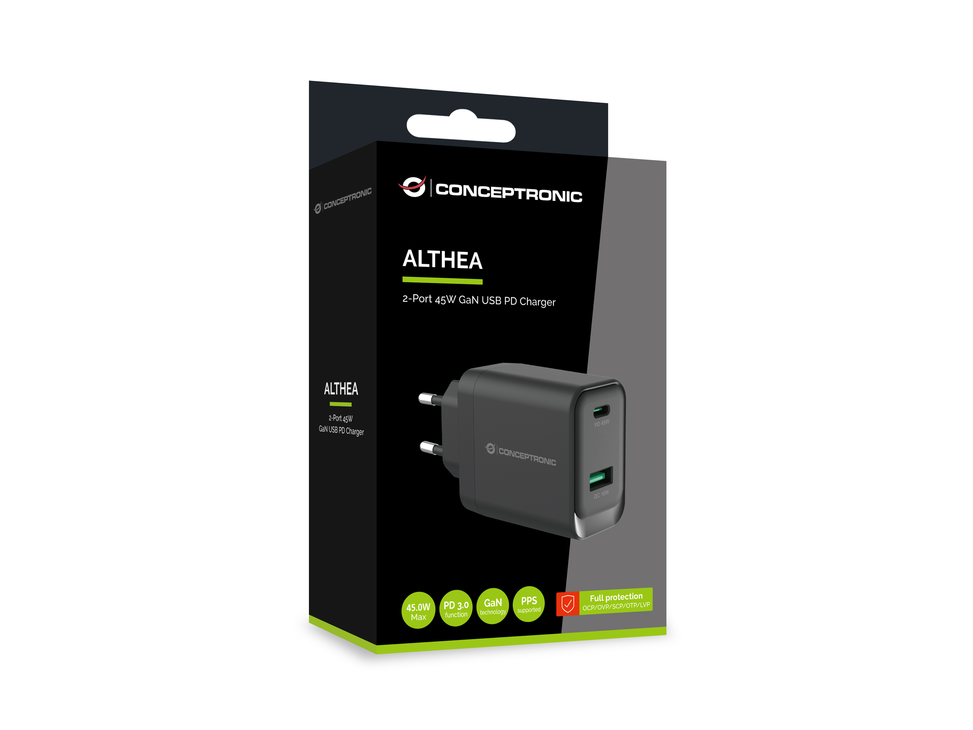 CONCEPTRONIC Ladegerät 2Port GaN USB-C/-A 45WPD3.0/PPS sw