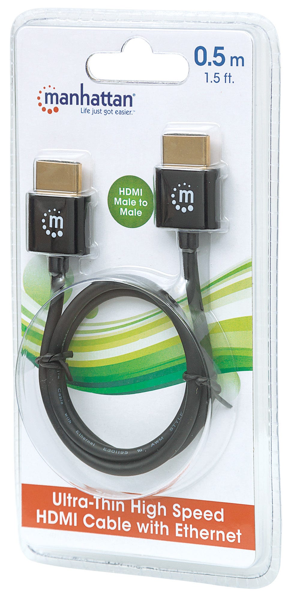 MANHATTAN HDMI-Kabel ultradünn mit Ethernet 0.5m. schwarz