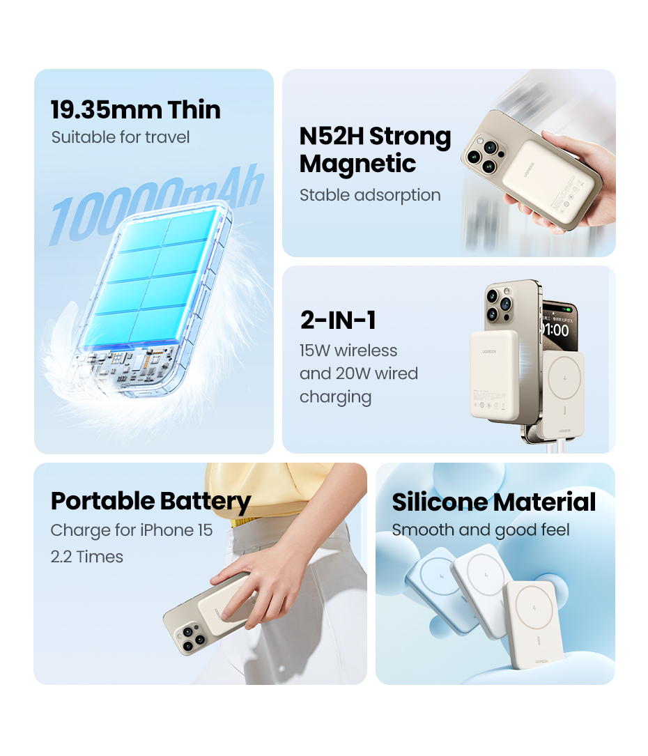 UGREEN PB561 Powerbank magnetisch 10.000mAh inkl. USB-C Kabel 10N-Magnet MagSafe kompatibel beige