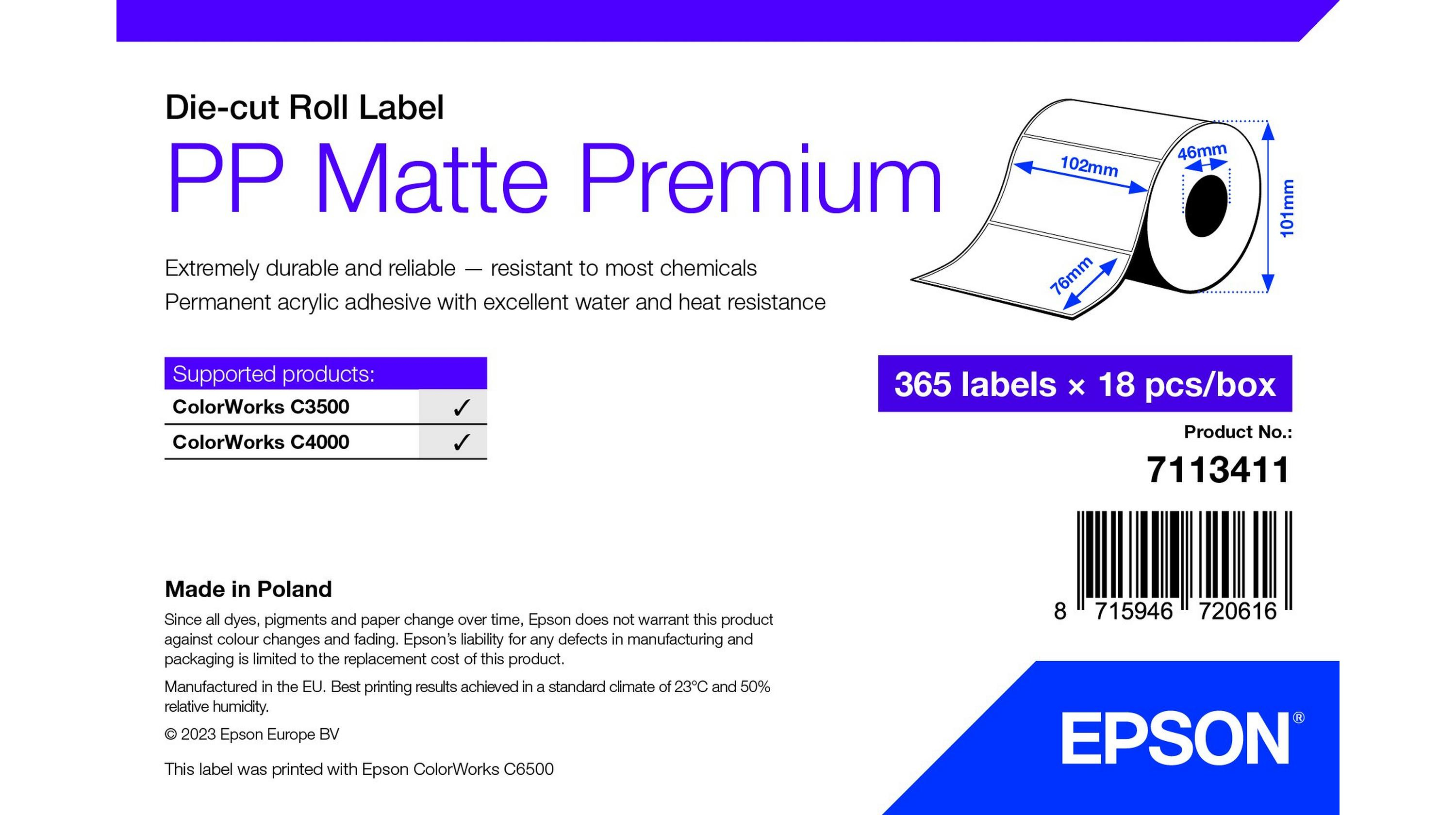PP MATTE LABEL PREM DIE-CUT ROLL 102X76MM 365 LABELS