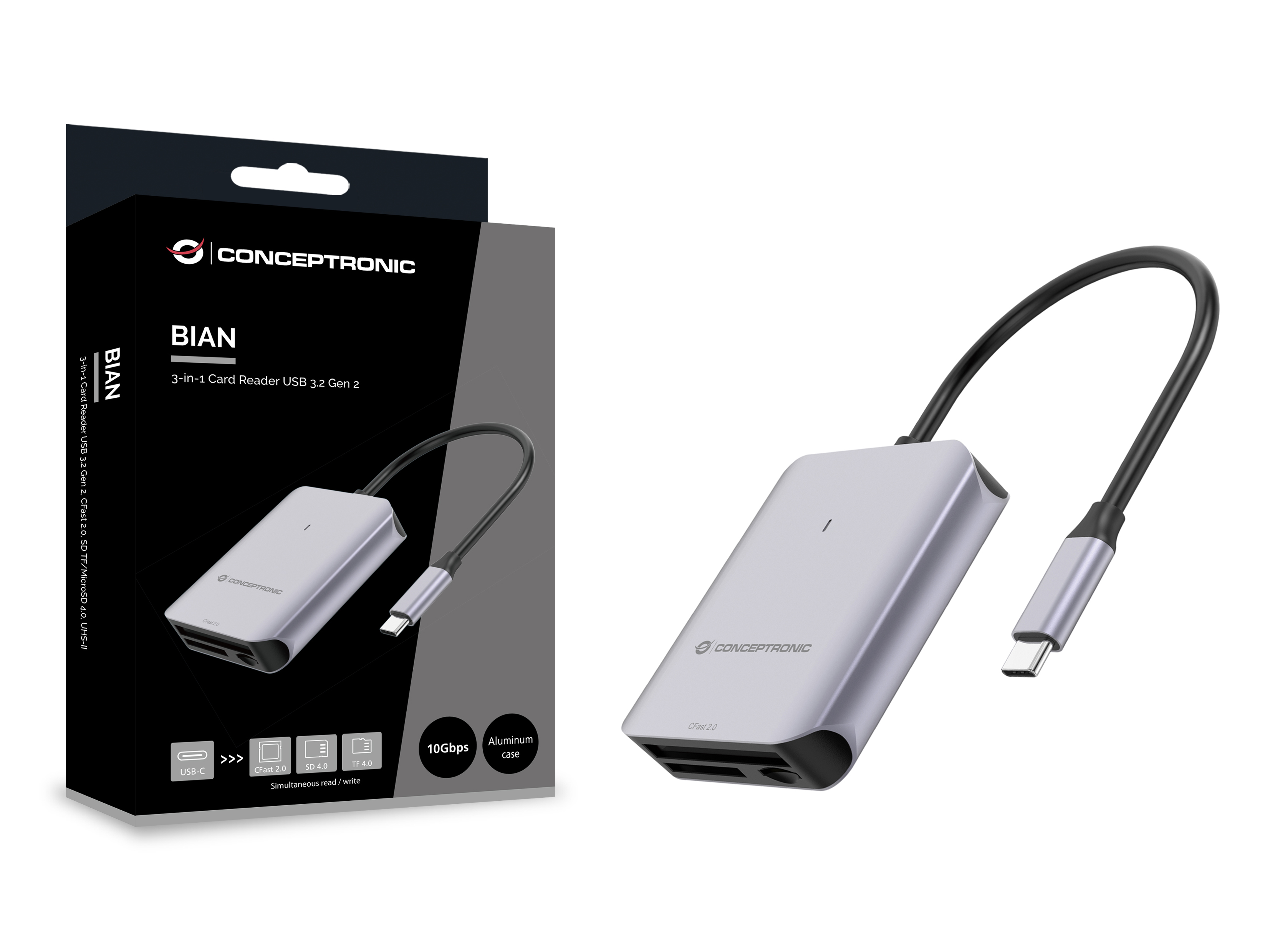 CONCEPTRONIC Kartenleser USB-C3.2->SD/TF4.0/CFast2.0 schwarz