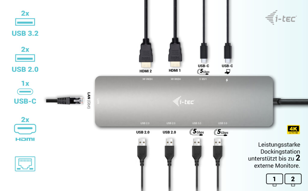 I-TEC USB-C Metal Nano Dock 2x HDMI 1x GLAN 2x USB 3.2 2x USB 2.0 1x USB-C 3.2 Gen.1 Data 1x USB-C 100W PD