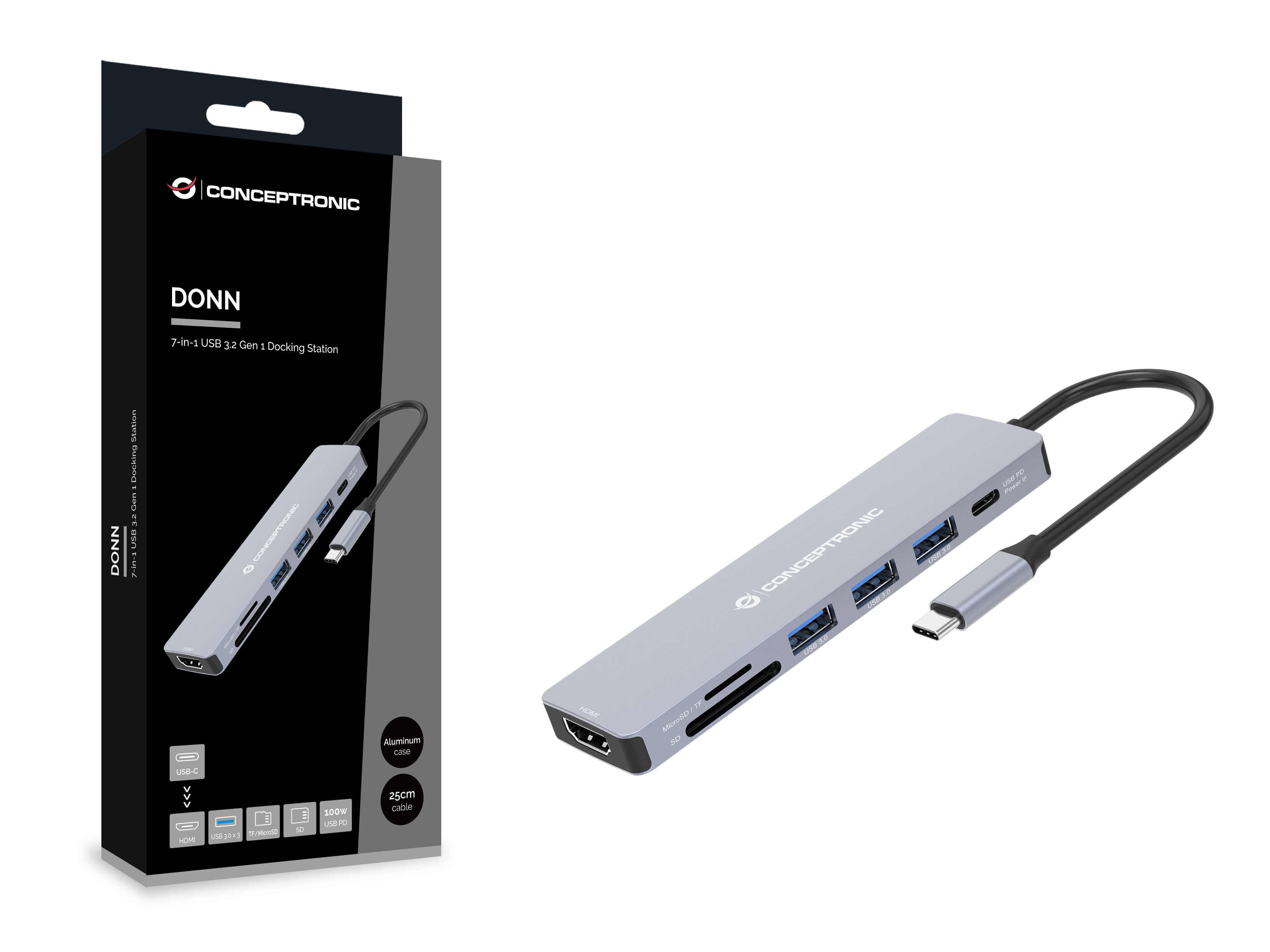 CONCEPTRONIC 7-1 Dock USB-C->HDMI/3xUSB-A/SD/TF/+ 25cm gr