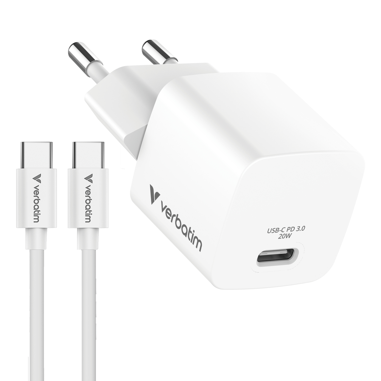 Verbatim Mini GaN Charger 20W EU with 1m USB-C to USB-C cab.