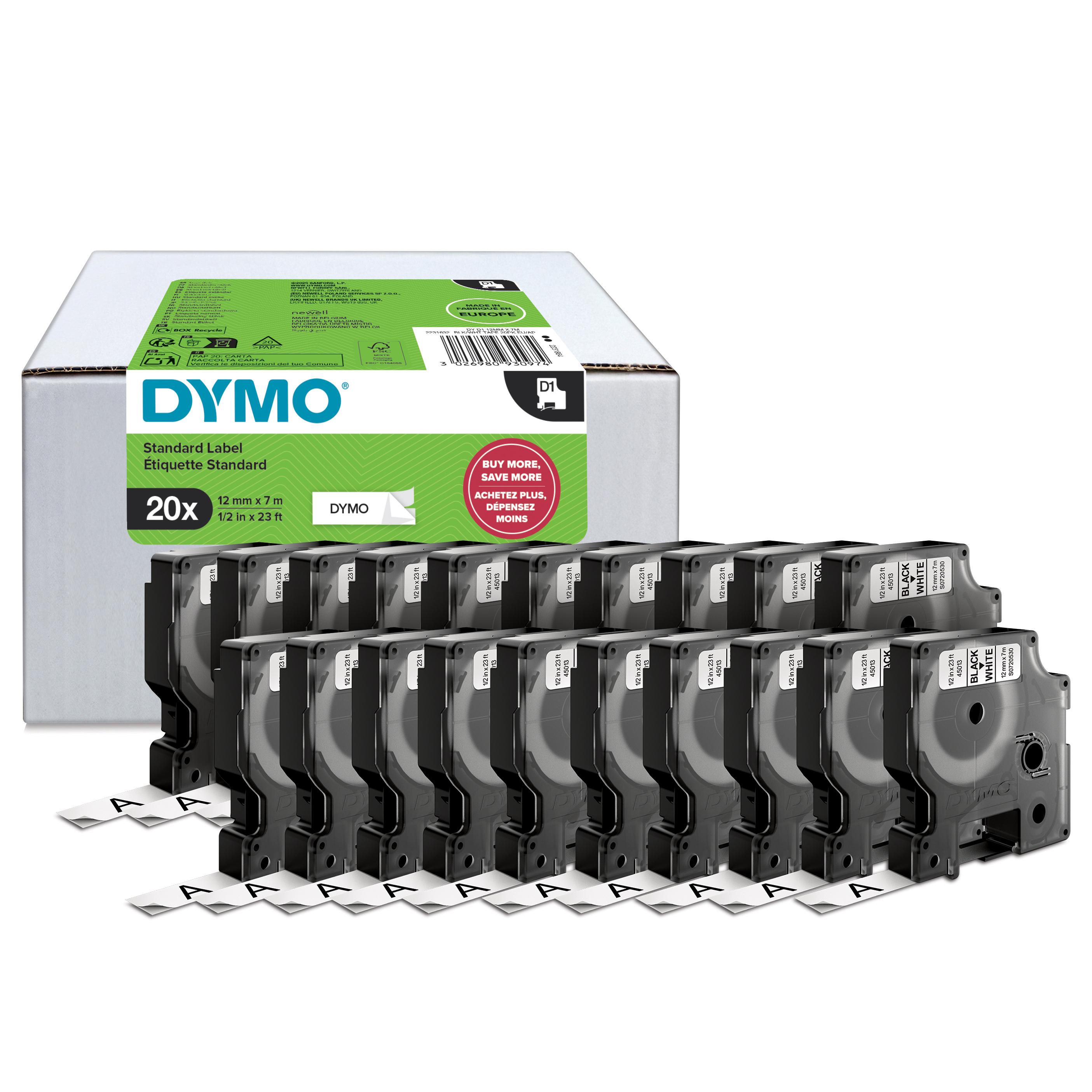 DYMO Schriftbänder D1 45013 2231632, 12 mm, schwarz auf weiß, 20 St.