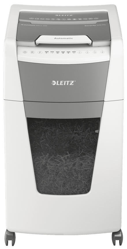 LEITZ IQ Autofeed Small Office 300 Aktenvernichter mit Partikelschnitt P-4, 4 x 26 mm, bis 300 Blatt, weiß