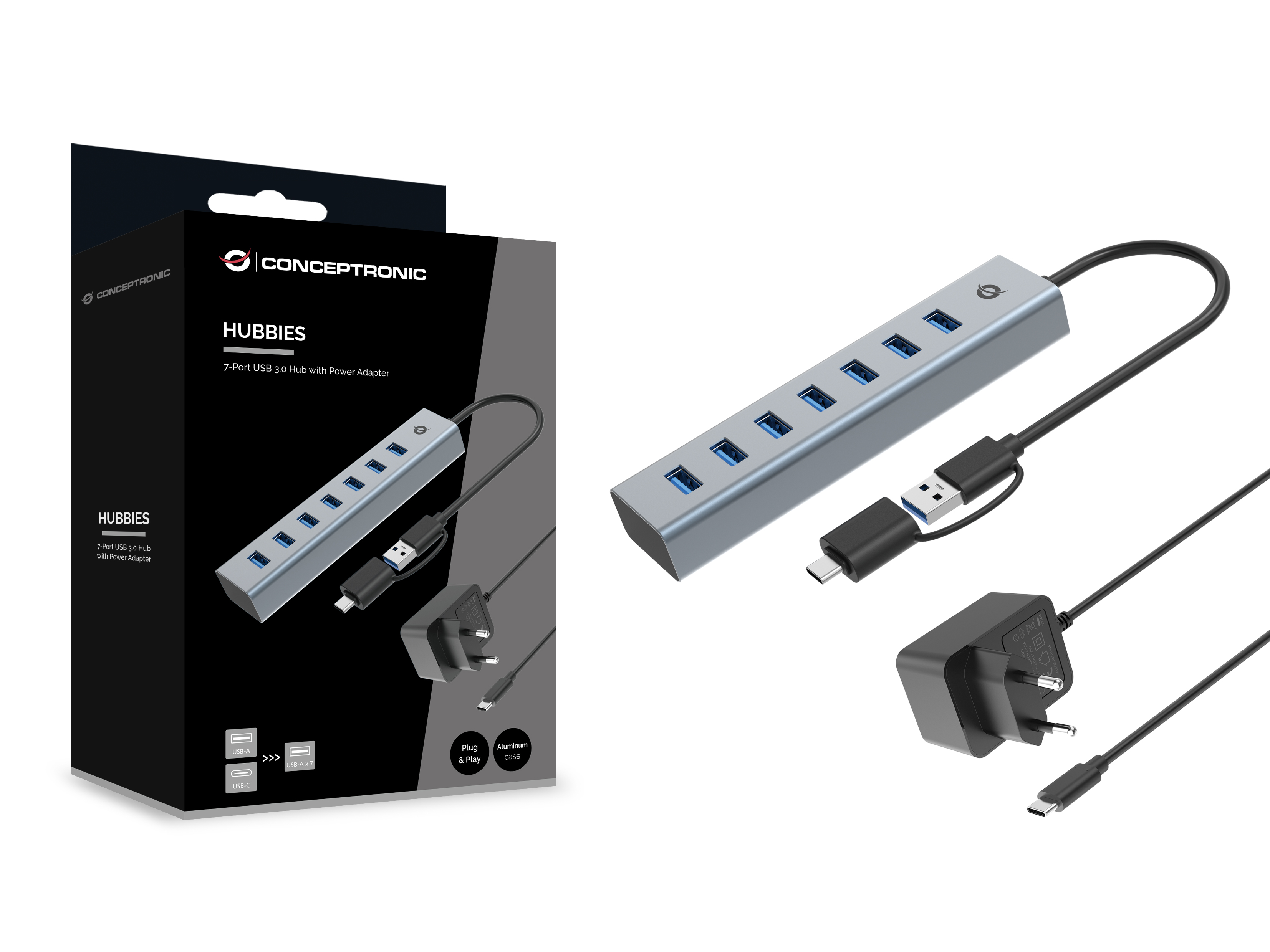 CONCEPTRONIC 7-Port Hub USB-A3.0/-C Adap.->7xA3.0 m.Netz. gr
