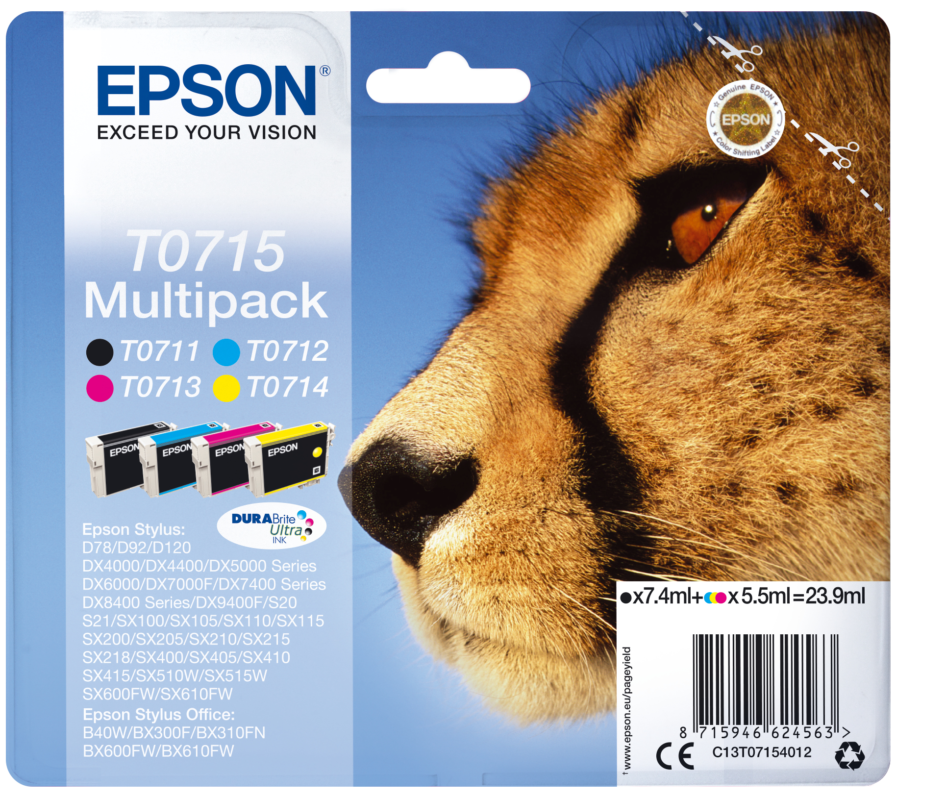 EPSON T0715 (Gepard) schwarz, cyan, magenta, gelb Druckerpatronen, 4er-Set