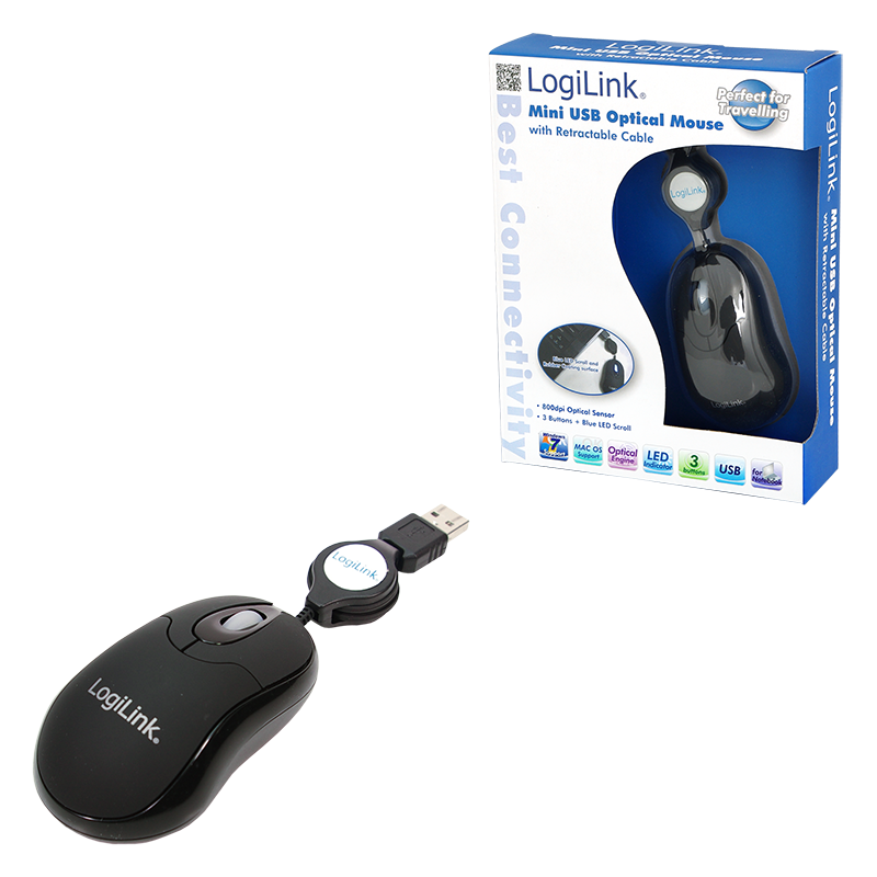 Logilink Maus USB Mini optisch 800dpi m. Kabeleinzug