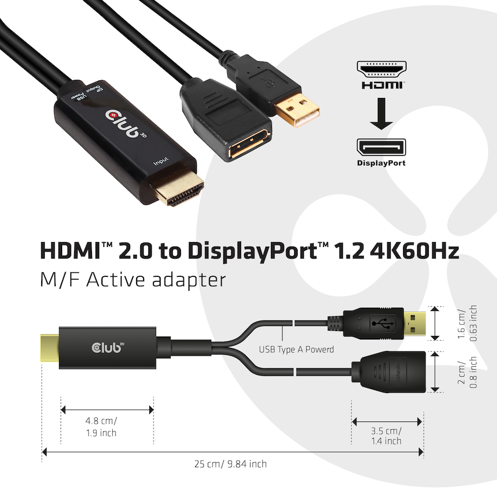 Club3D Adapter HDMI 2.0 > DP 1.2 4K60Hz HDR aktiv St/Bu retail