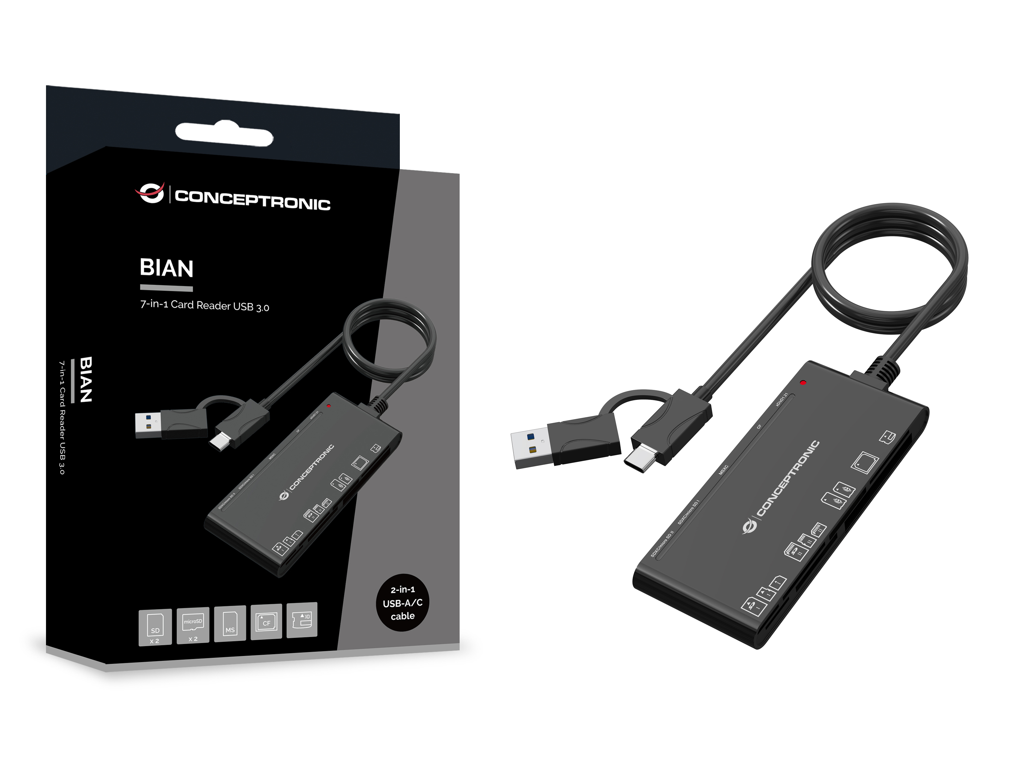 CONCEPTRONIC Kartenleser USB-A/-C3.2->7-in-1 schwarz