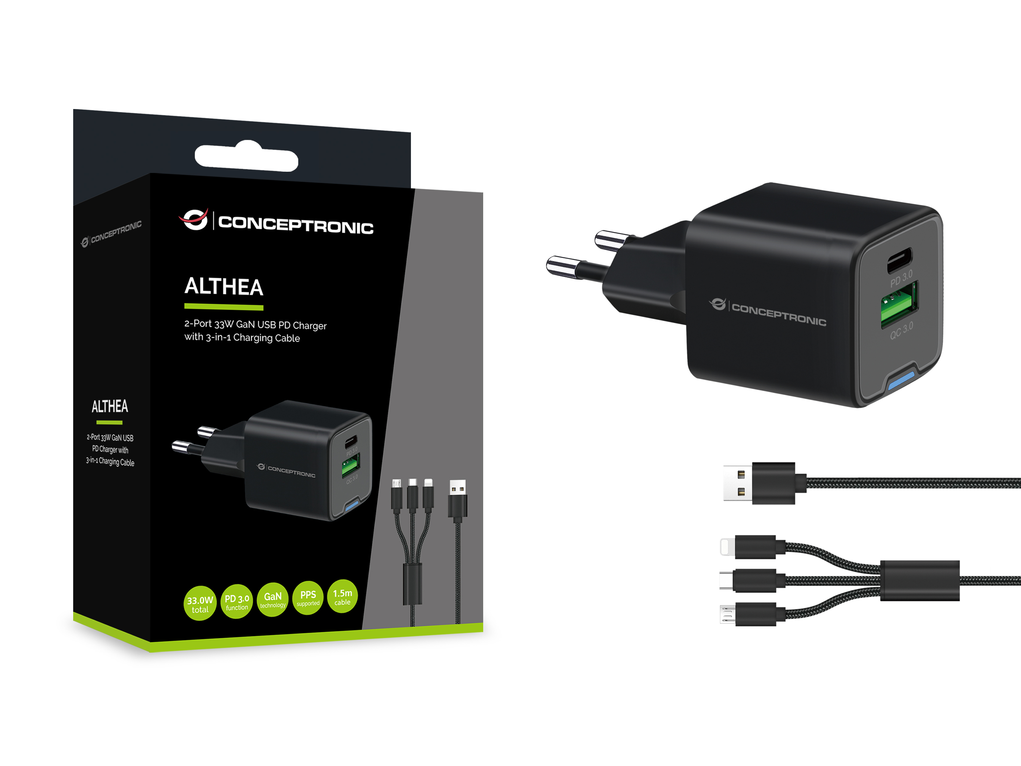 CONCEPTRONIC Ladegerät 2Port GaN 3-in-1 33WPD3.0/PPS sw