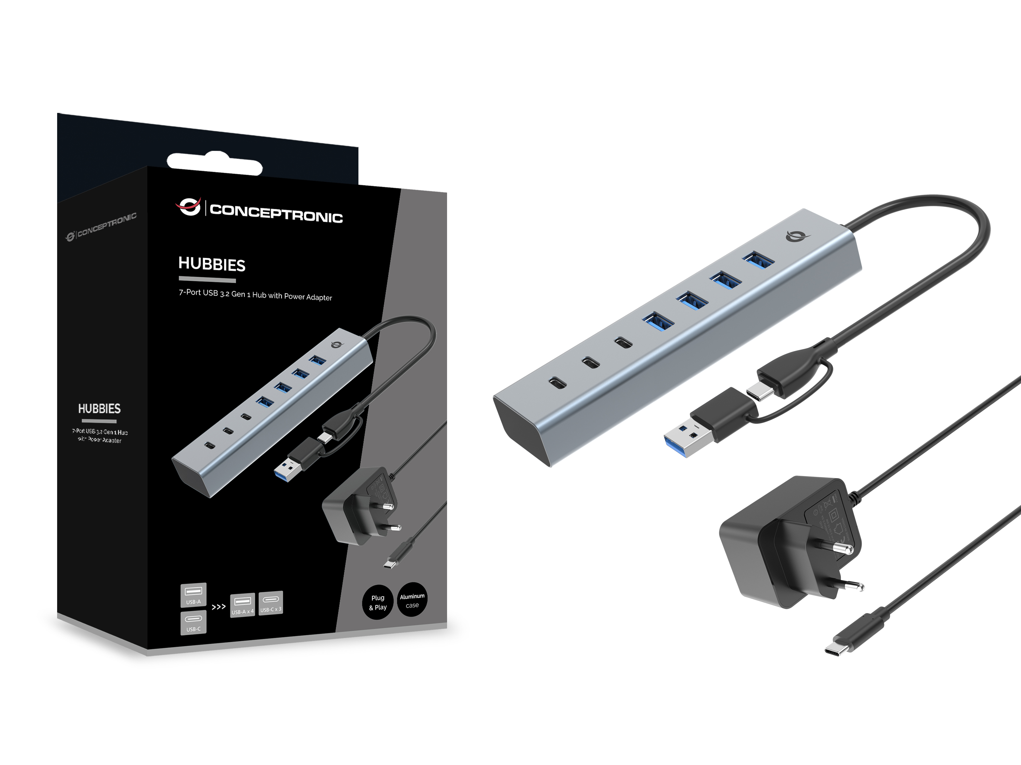 CONCEPTRONIC 7-Port Hub USB-A3.0/-C Adap.->4xA3.0+m.Netz. gr