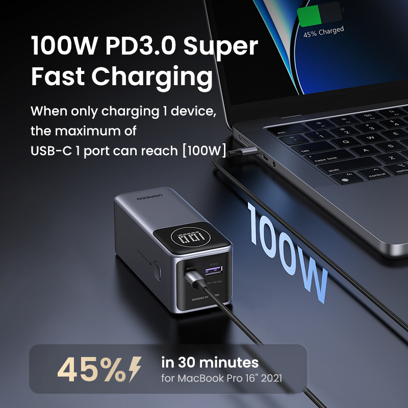 UGREEN Nexode PB724 Powerbank 12.000mAh 100W 1x USB-C PD 3.0 1x USB-A LCD Display Flugzeug zugelassen